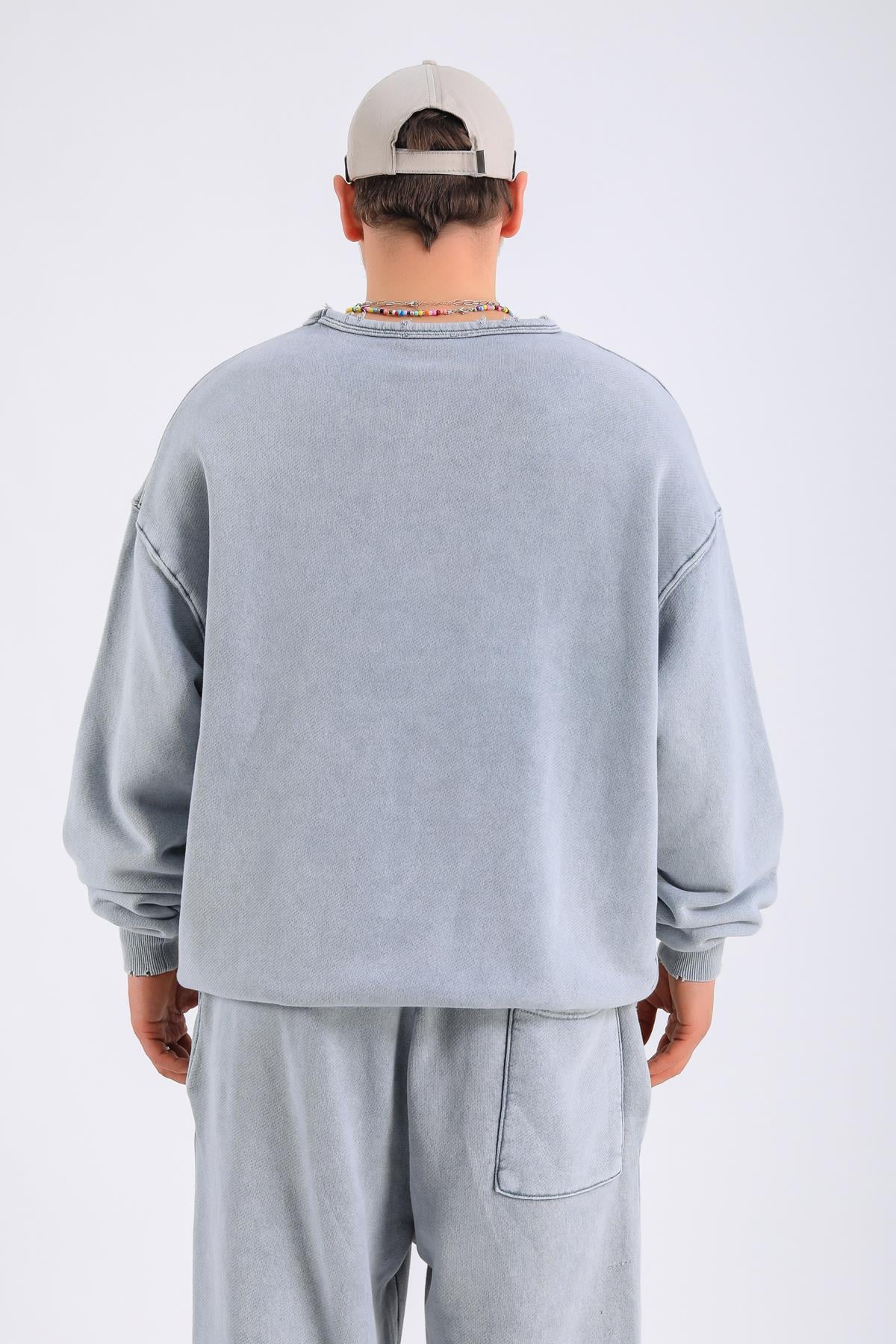 Acid Wash Yırtık Detay Gri Eşofman Takımı TKM155