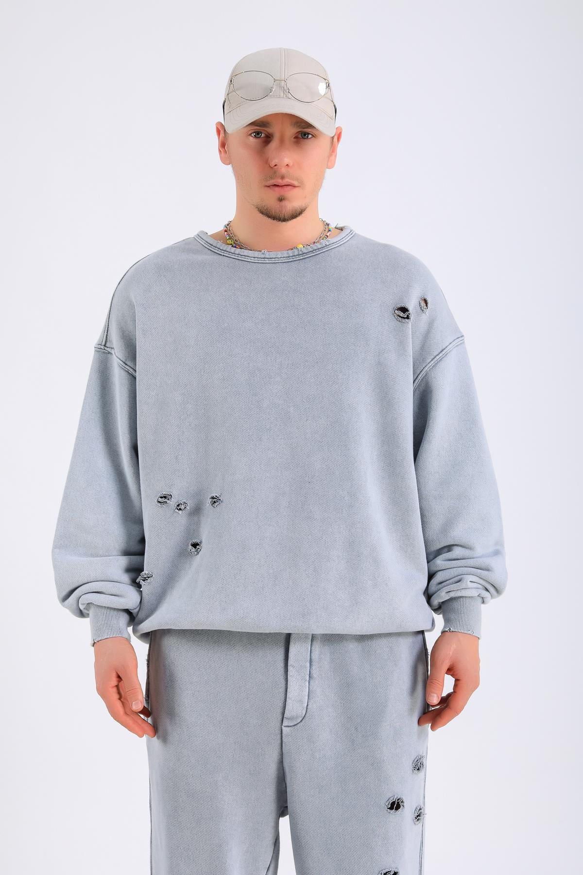 Acid Wash Yırtık Detay Gri Eşofman Takımı TKM155