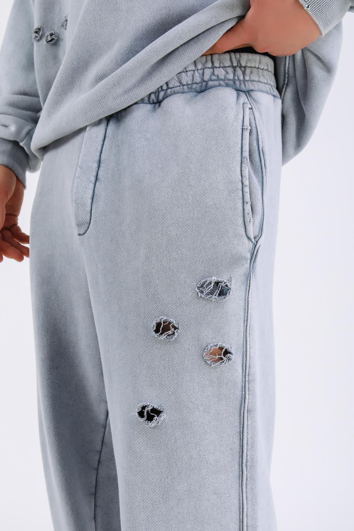 Acid Wash Yırtık Detay Gri Eşofman Takımı TKM155