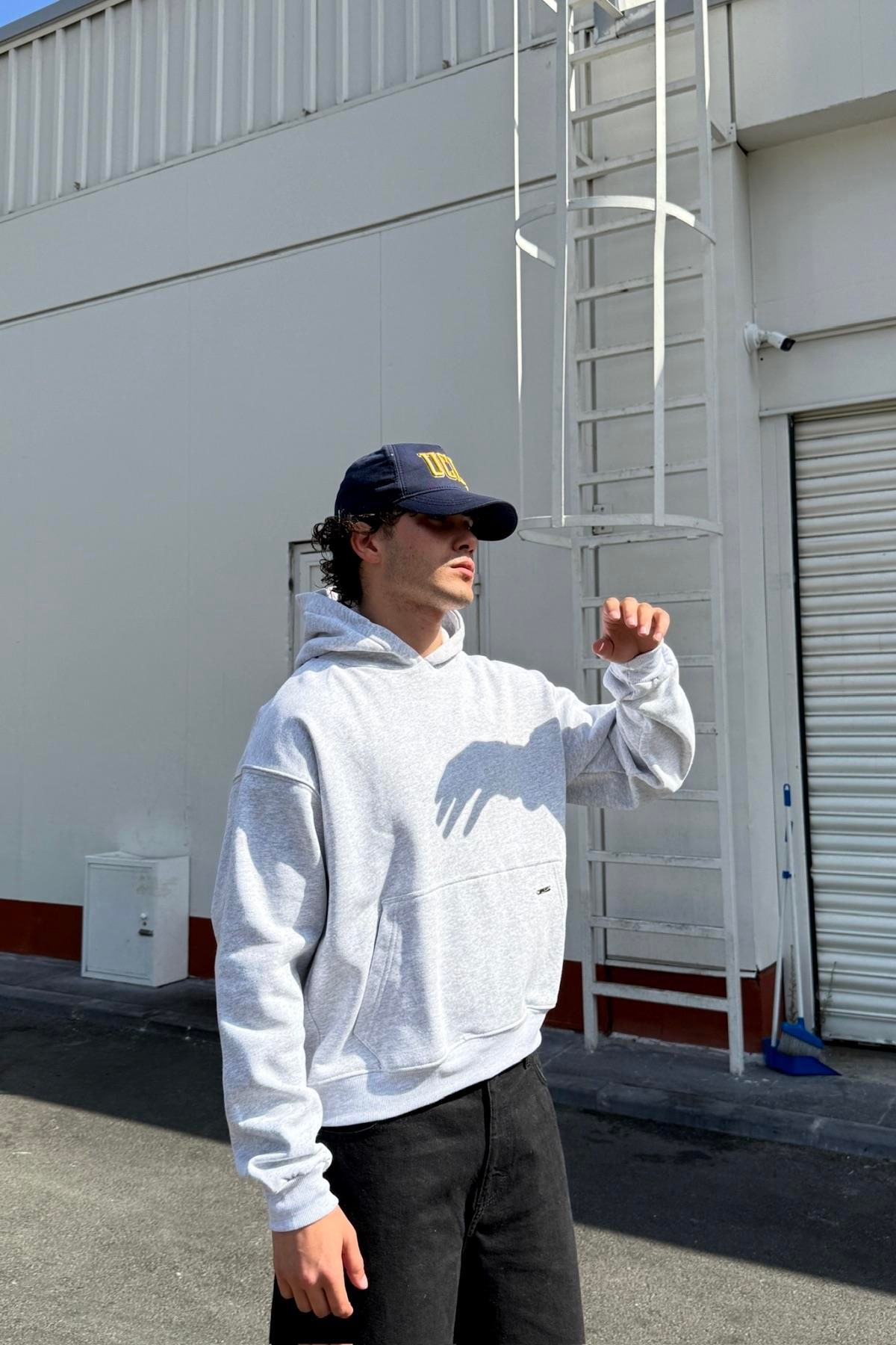 Açık Gri Oversize Basic Couture Hoodie