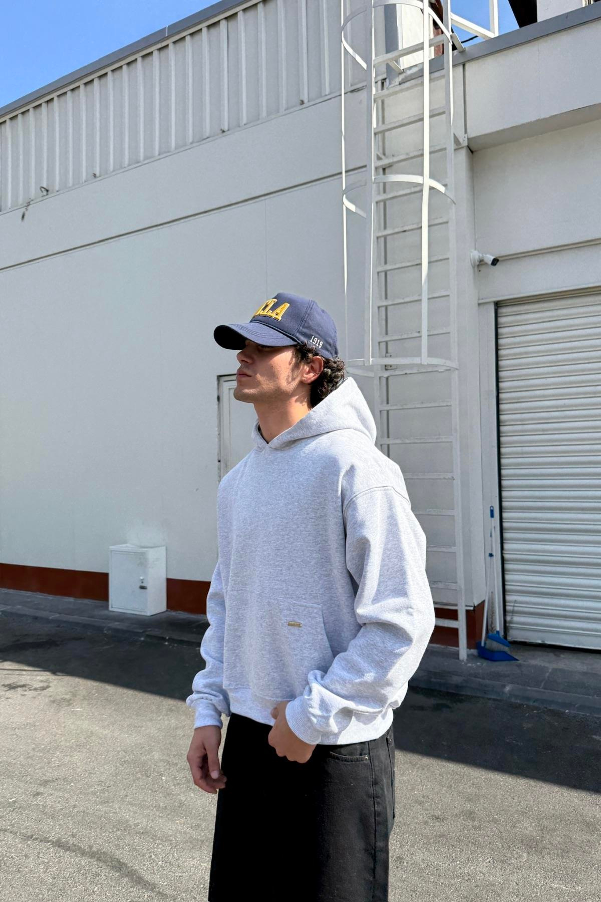 Açık Gri Oversize Basic Couture Hoodie
