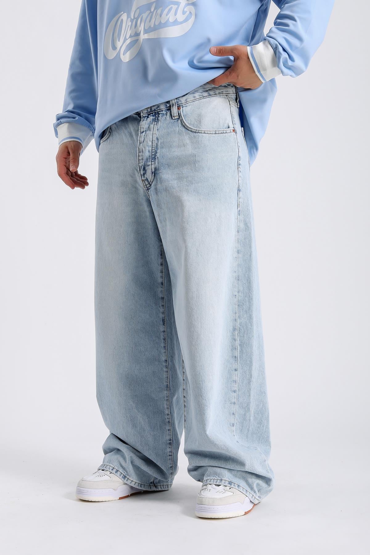 Açık Mavi Acid Wash Baggy Jean Pantolon P984