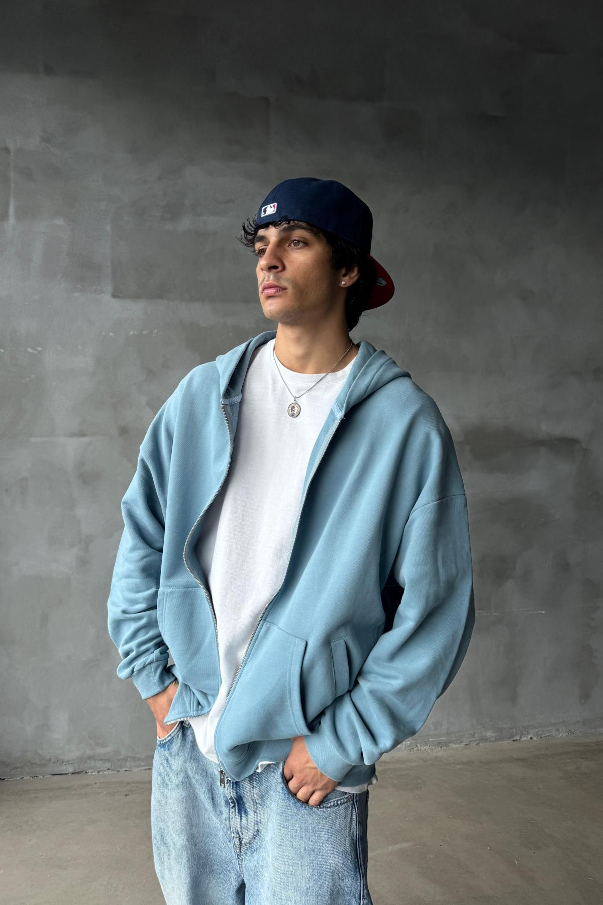 Açık Mavi Yumuşak Dokulu Oversize Zipper Sweatshirt SR01