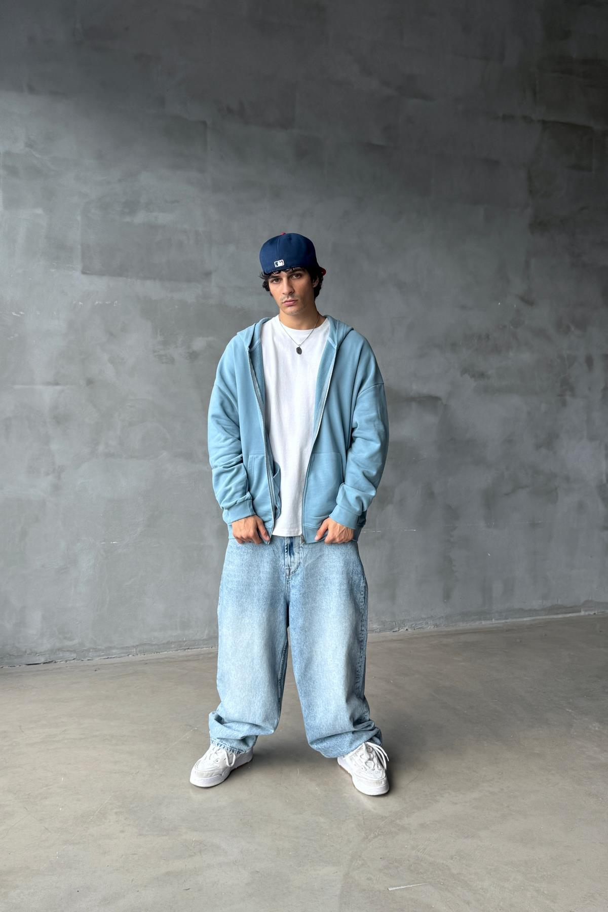 Açık Mavi Yumuşak Dokulu Oversize Zipper Sweatshirt SR01