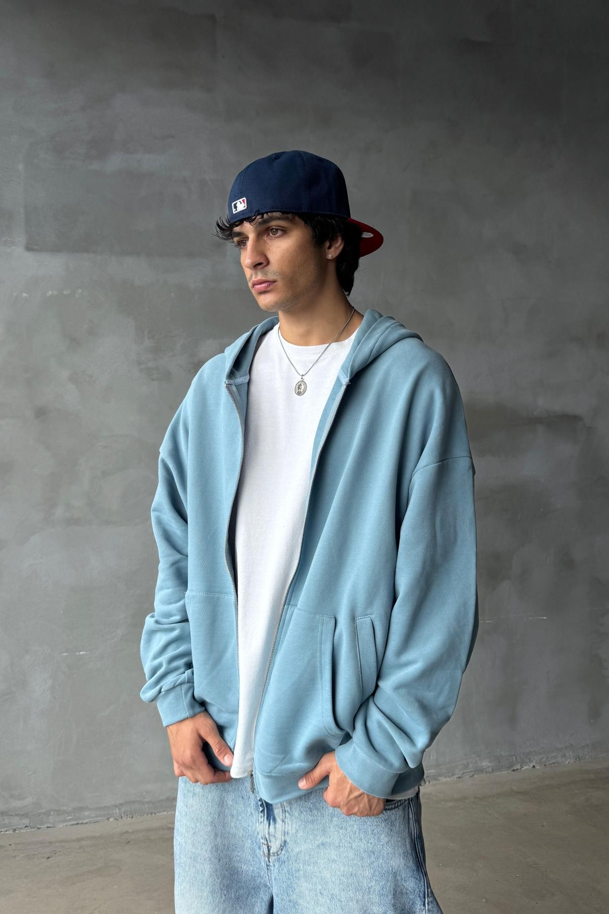 Açık Mavi Yumuşak Dokulu Oversize Zipper Sweatshirt SR01