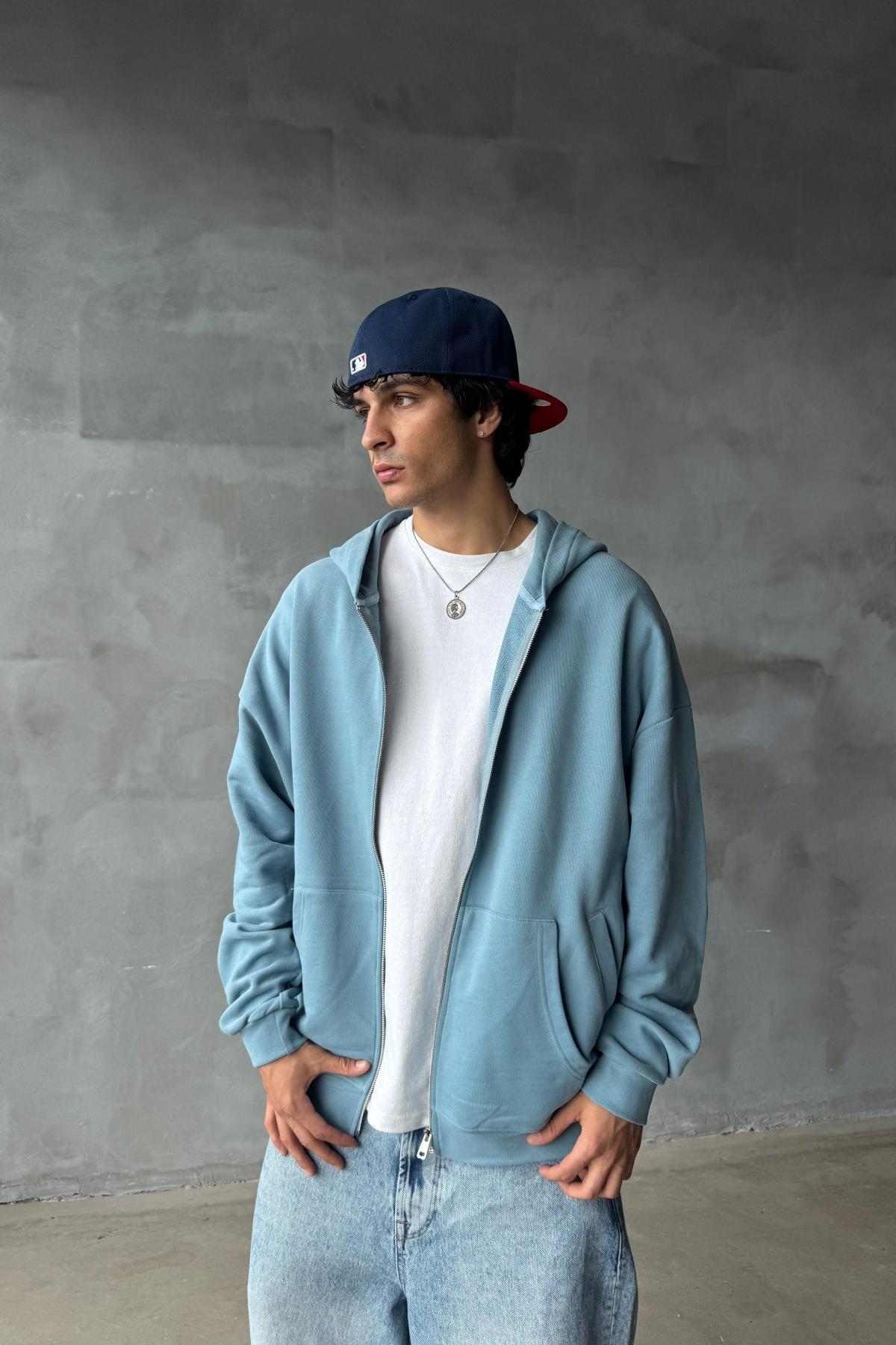 Açık Mavi Yumuşak Dokulu Oversize Zipper Sweatshirt SR01