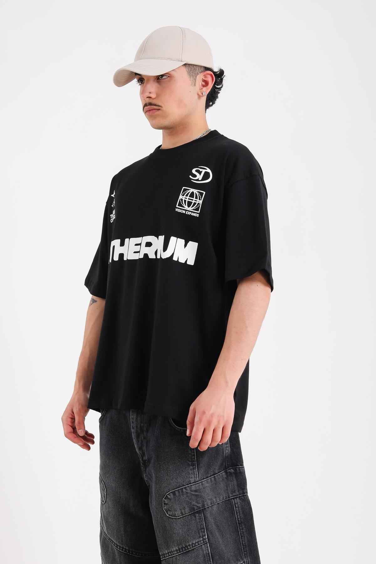 Aetherium Baskılı Siyah Oversize Tshirt