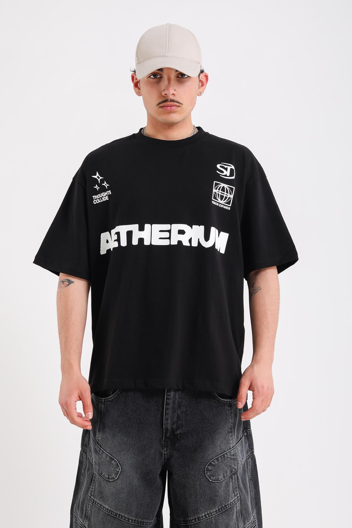 Aetherium Baskılı Siyah Oversize Tshirt
