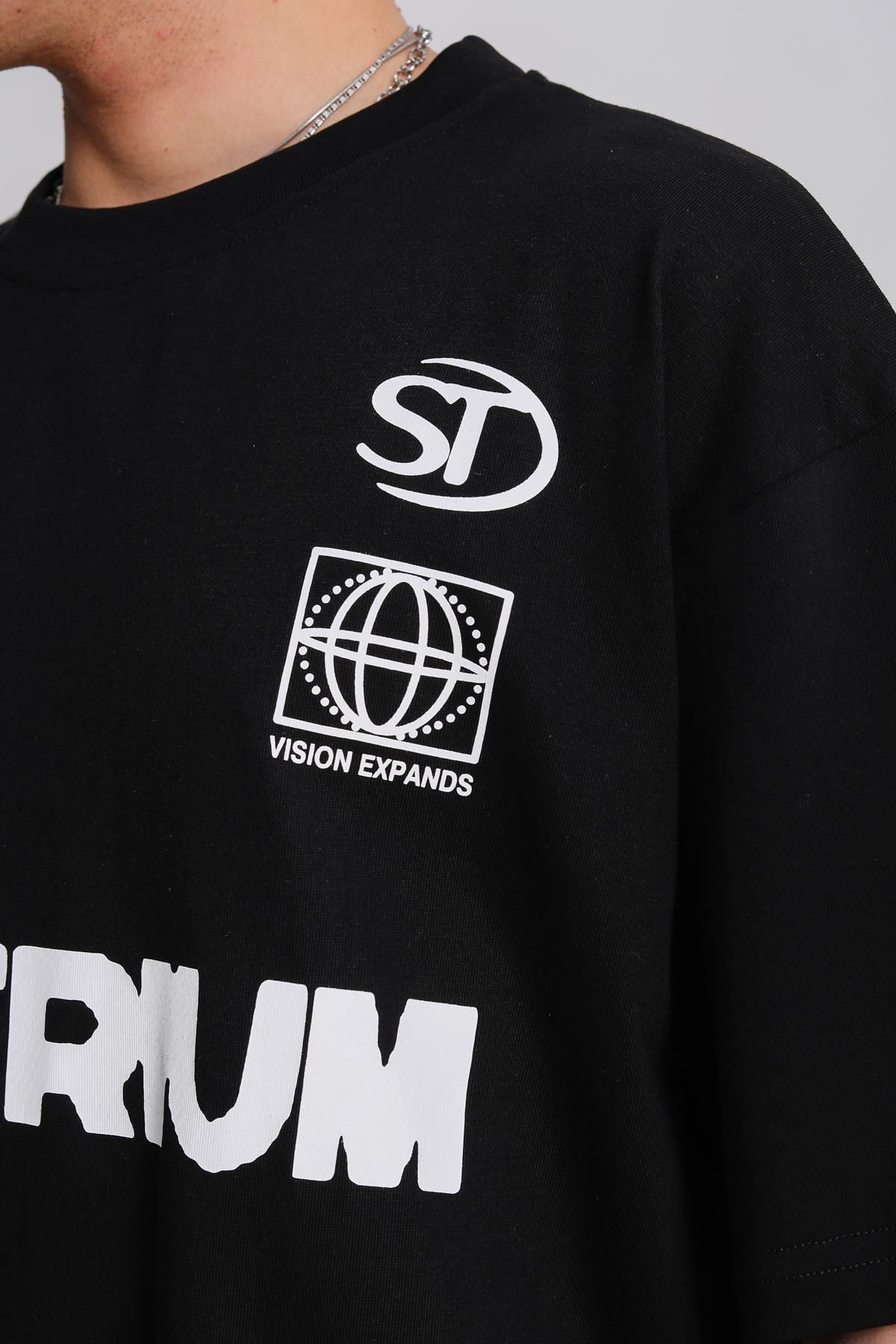 Aetherium Baskılı Siyah Oversize Tshirt