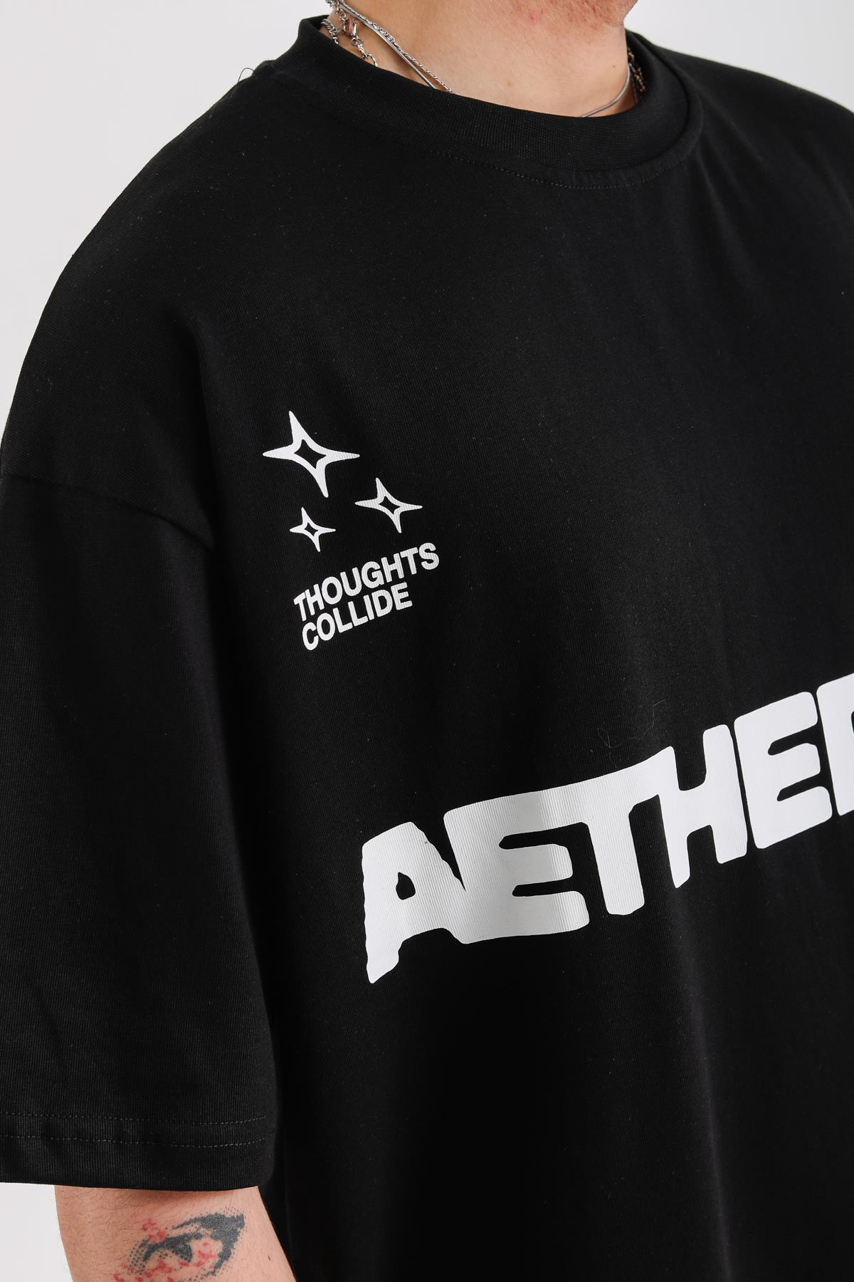 Aetherium Baskılı Siyah Oversize Tshirt