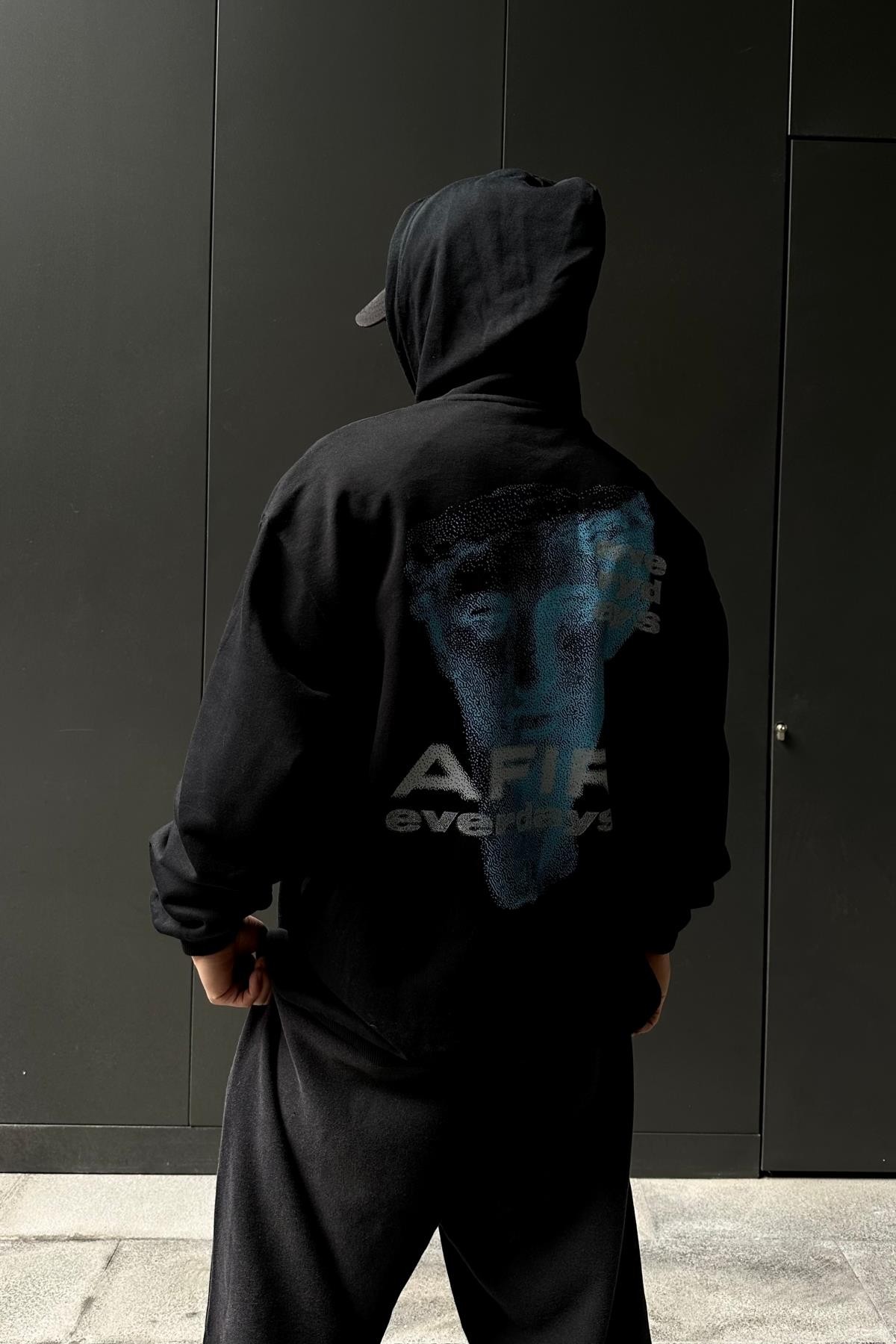 Afir David Baskılı Siyah Oversize Sweatshirt SW1053