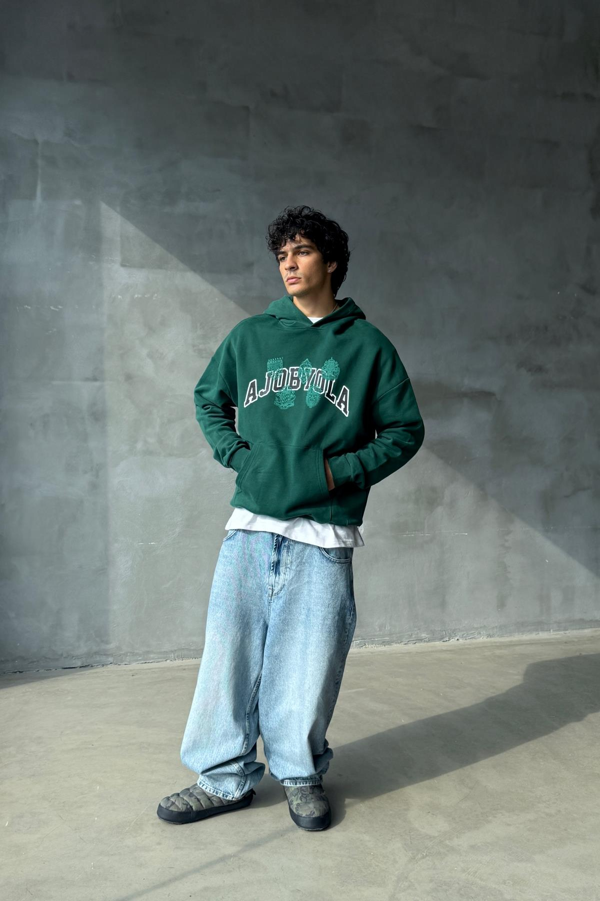Ajobyola Baskılı Yeşil Oversize Sweatshirt SR01