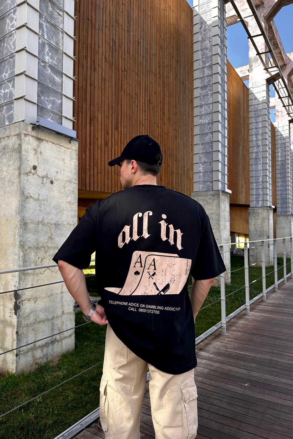 All In Baskılı Siyah Oversize Tshirt  T1138