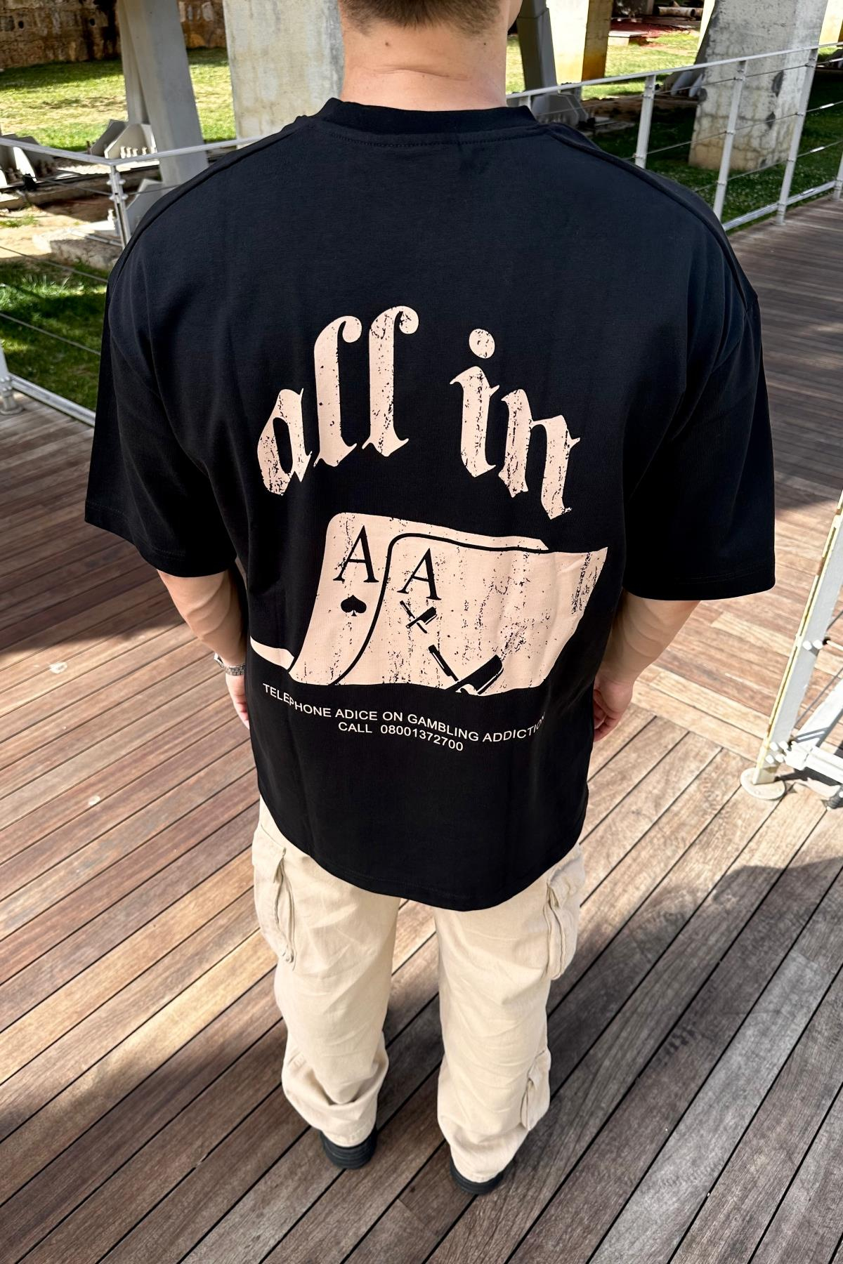 All In Baskılı Siyah Oversize Tshirt  T1138