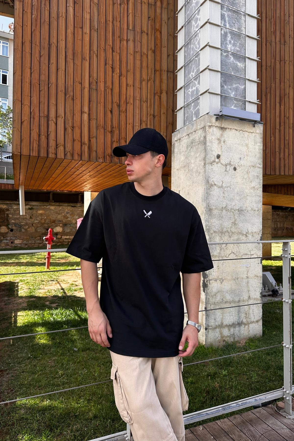 All In Baskılı Siyah Oversize Tshirt  T1138