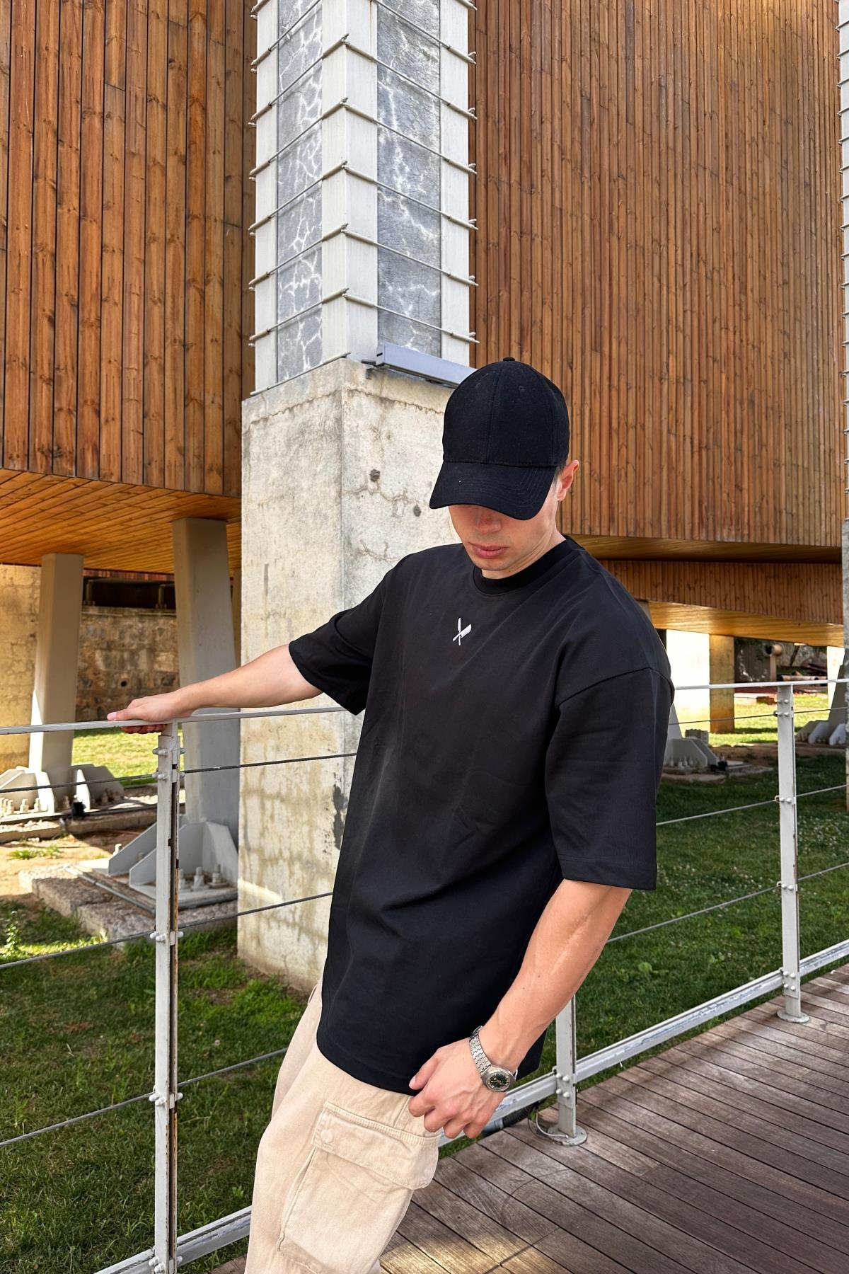 All In Baskılı Siyah Oversize Tshirt  T1138