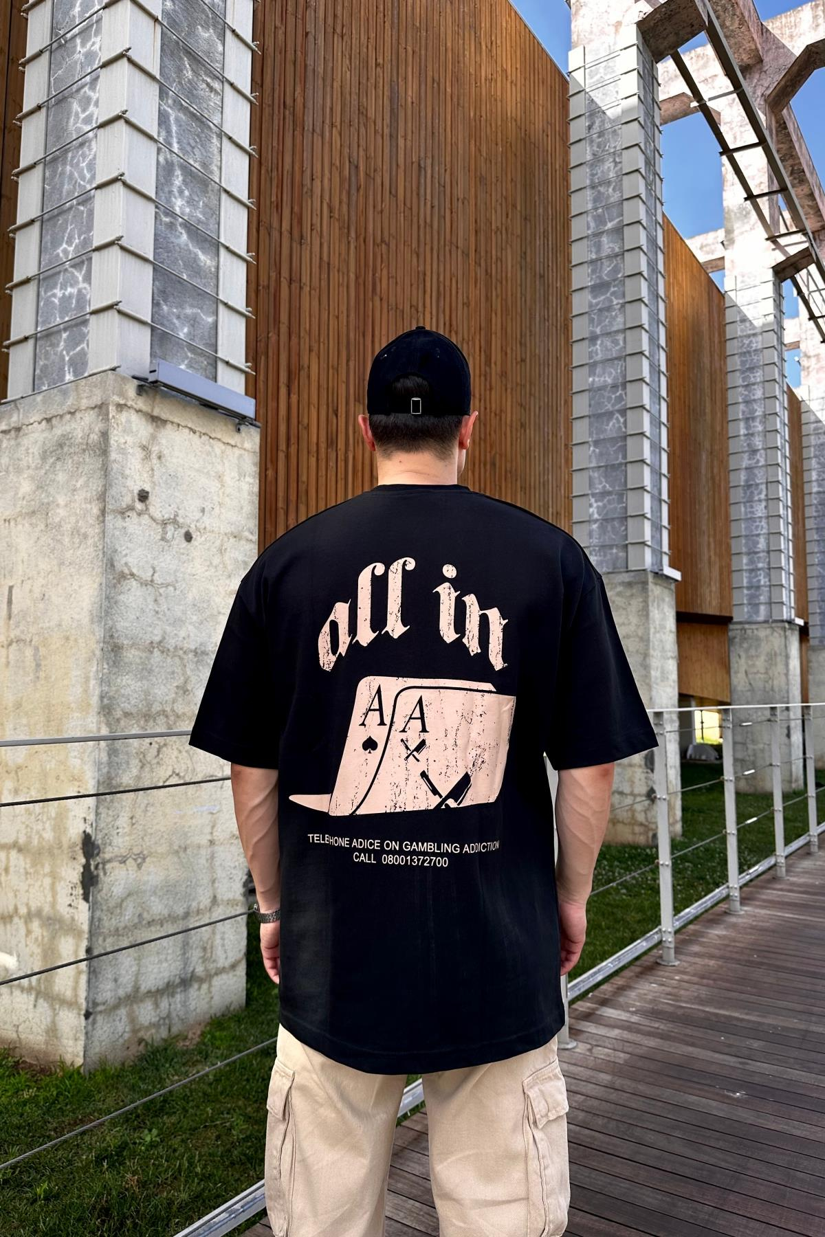 All In Baskılı Siyah Oversize Tshirt  T1138