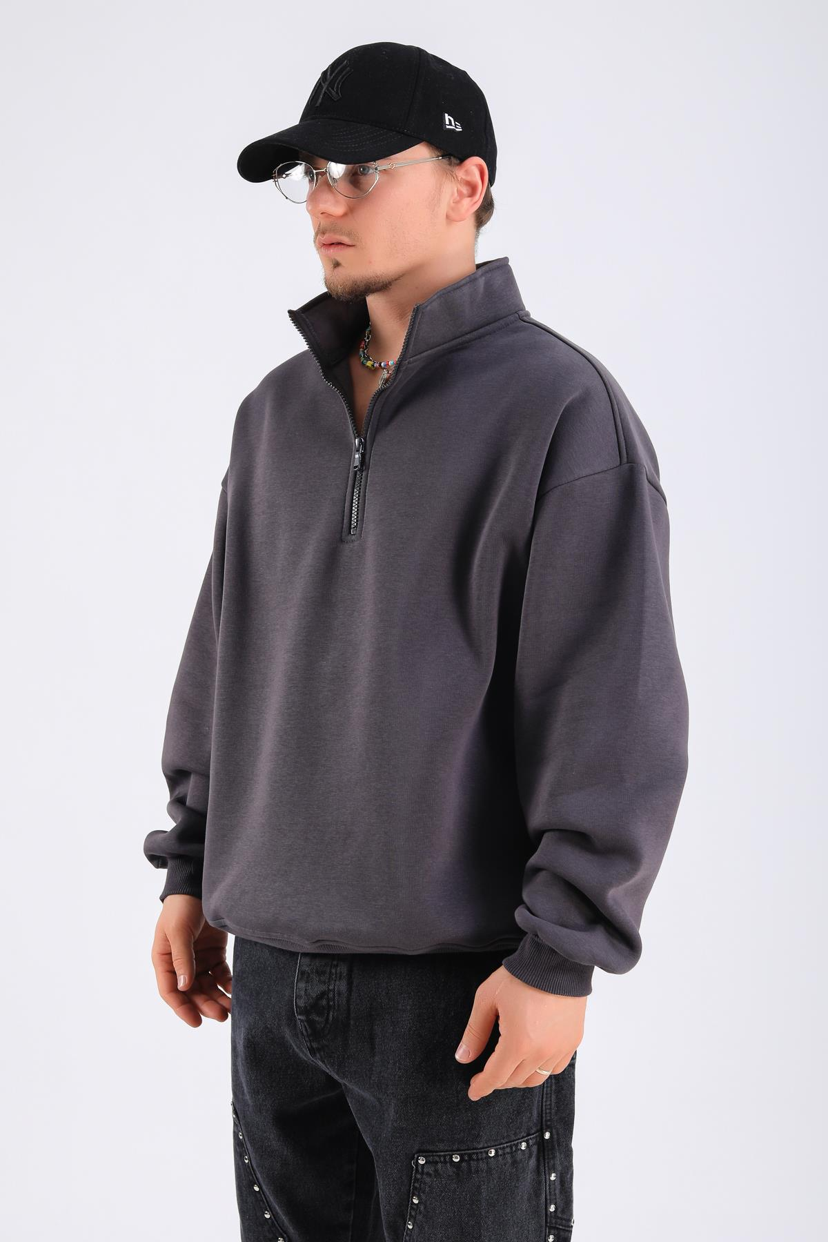 Antrasit Basic Fermuar Yaka Oversize Sweatshirt SW1310