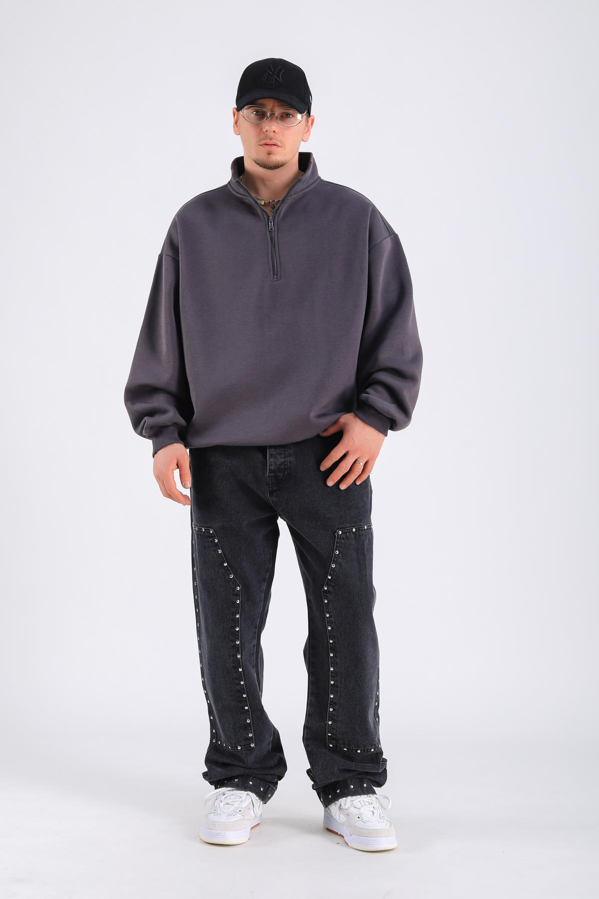 Antrasit Basic Fermuar Yaka Oversize Sweatshirt SW1310
