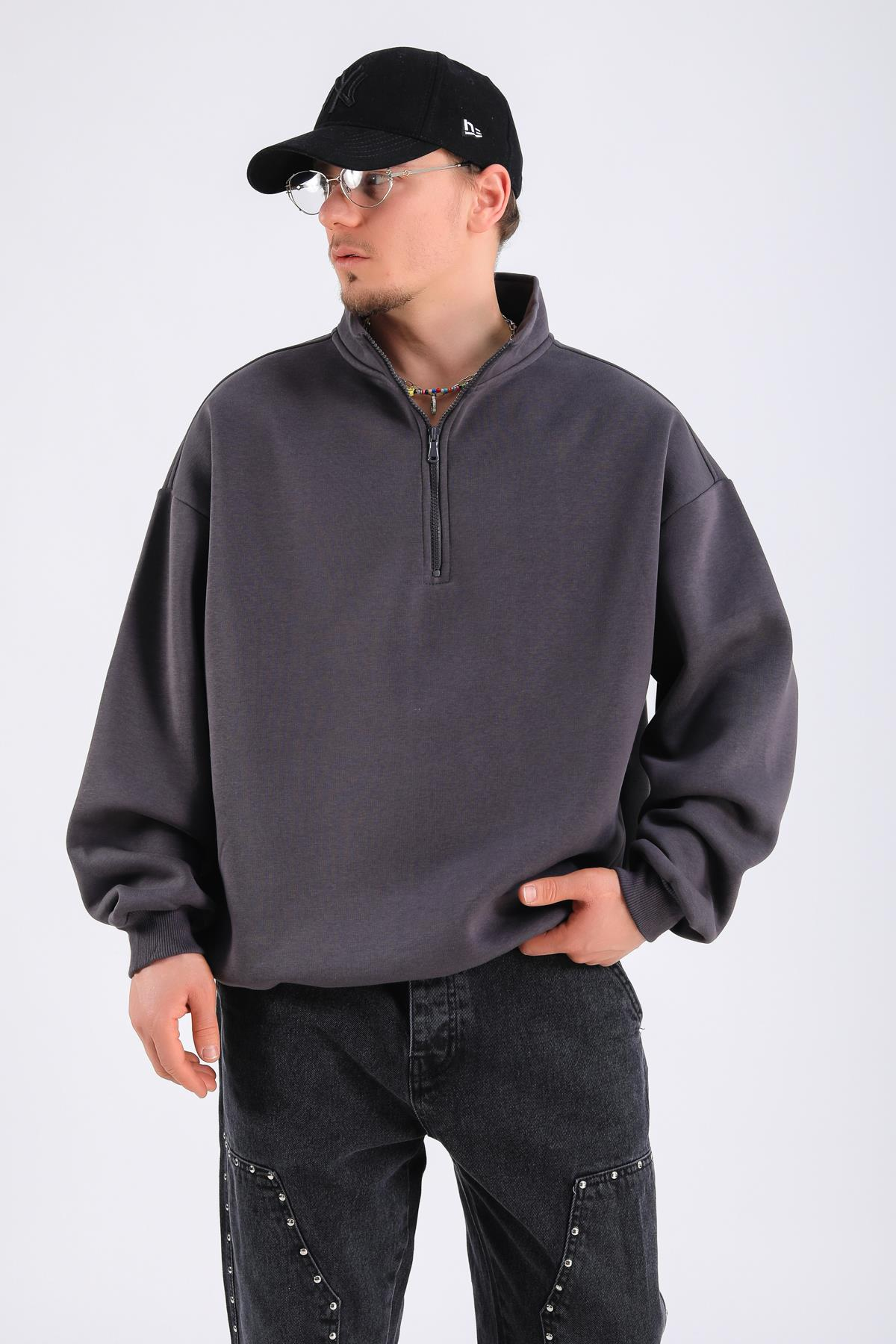 Antrasit Basic Fermuar Yaka Oversize Sweatshirt SW1310