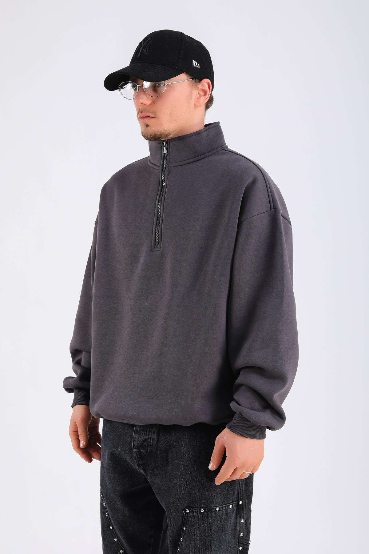 Antrasit Basic Fermuar Yaka Oversize Sweatshirt SW1310