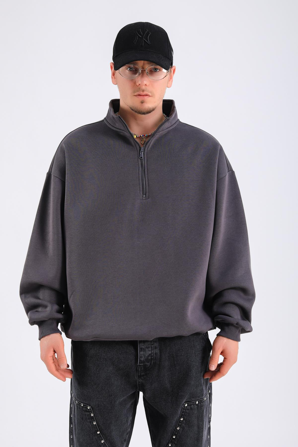 Antrasit Basic Fermuar Yaka Oversize Sweatshirt SW1310