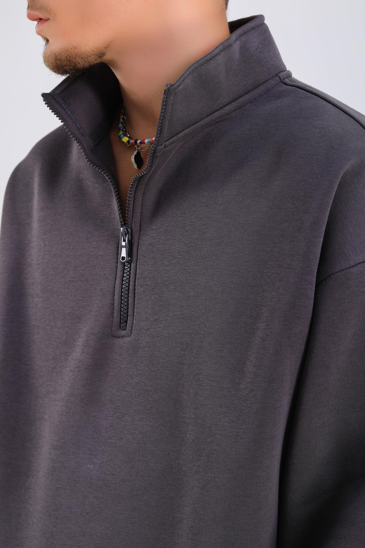 Antrasit Basic Fermuar Yaka Oversize Sweatshirt SW1310