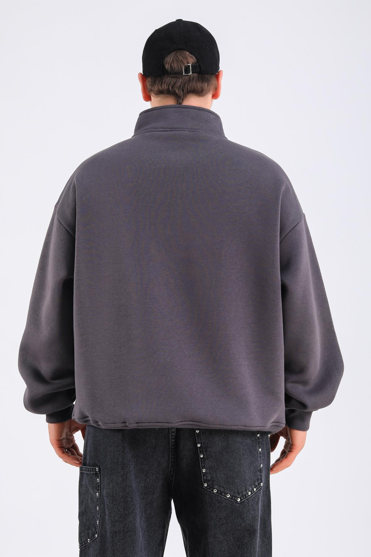 Antrasit Basic Fermuar Yaka Oversize Sweatshirt SW1310