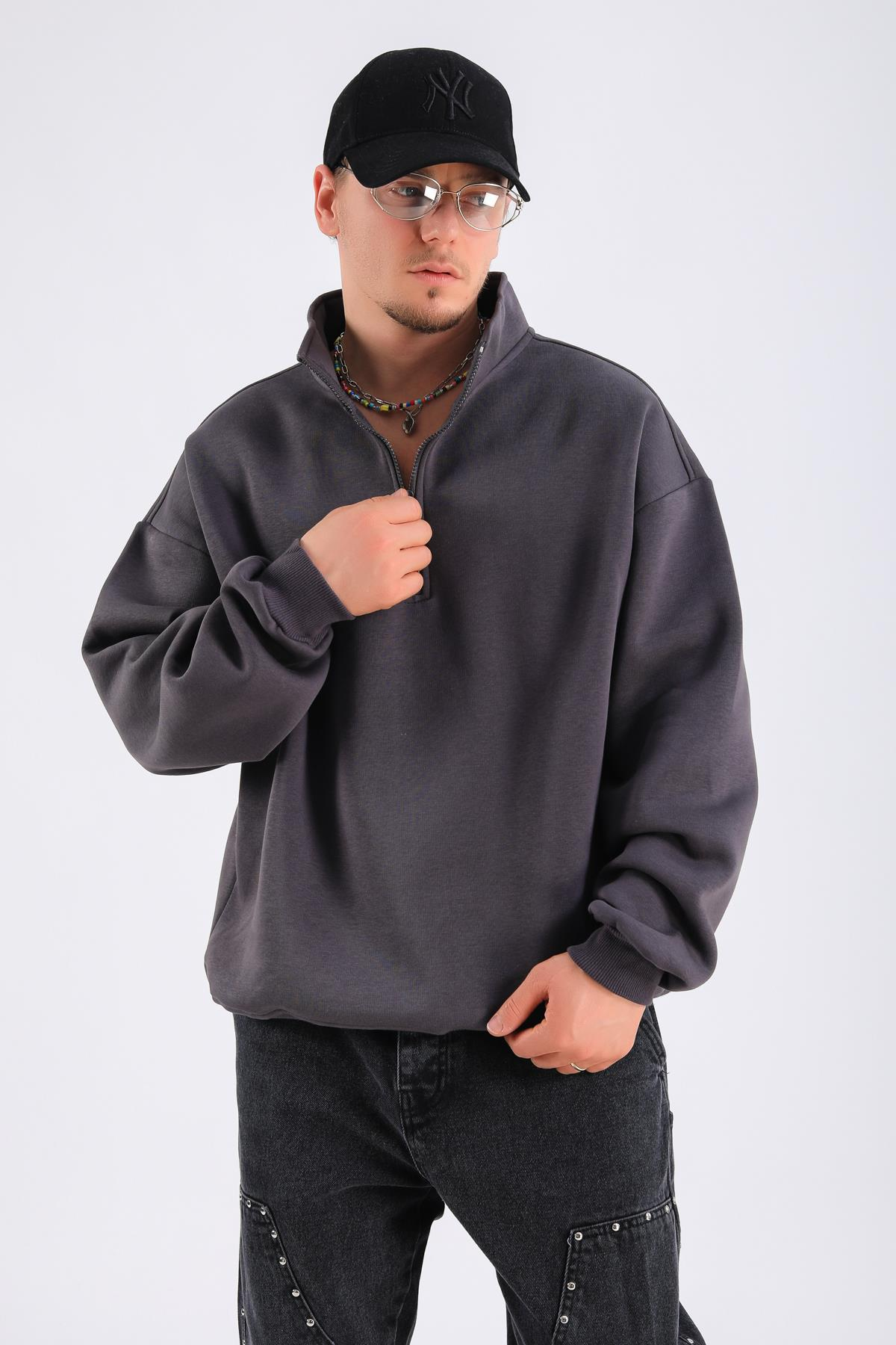 Antrasit Basic Fermuar Yaka Oversize Sweatshirt SW1310