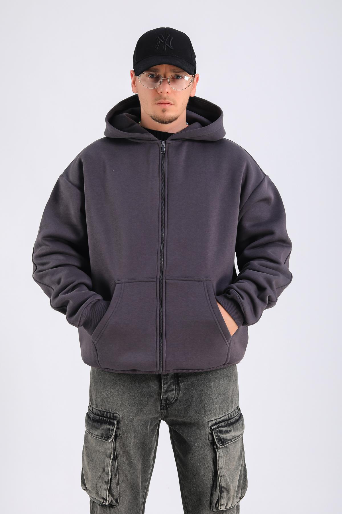 Antrasit Basic Zipper Oversize Hoodie SW1309