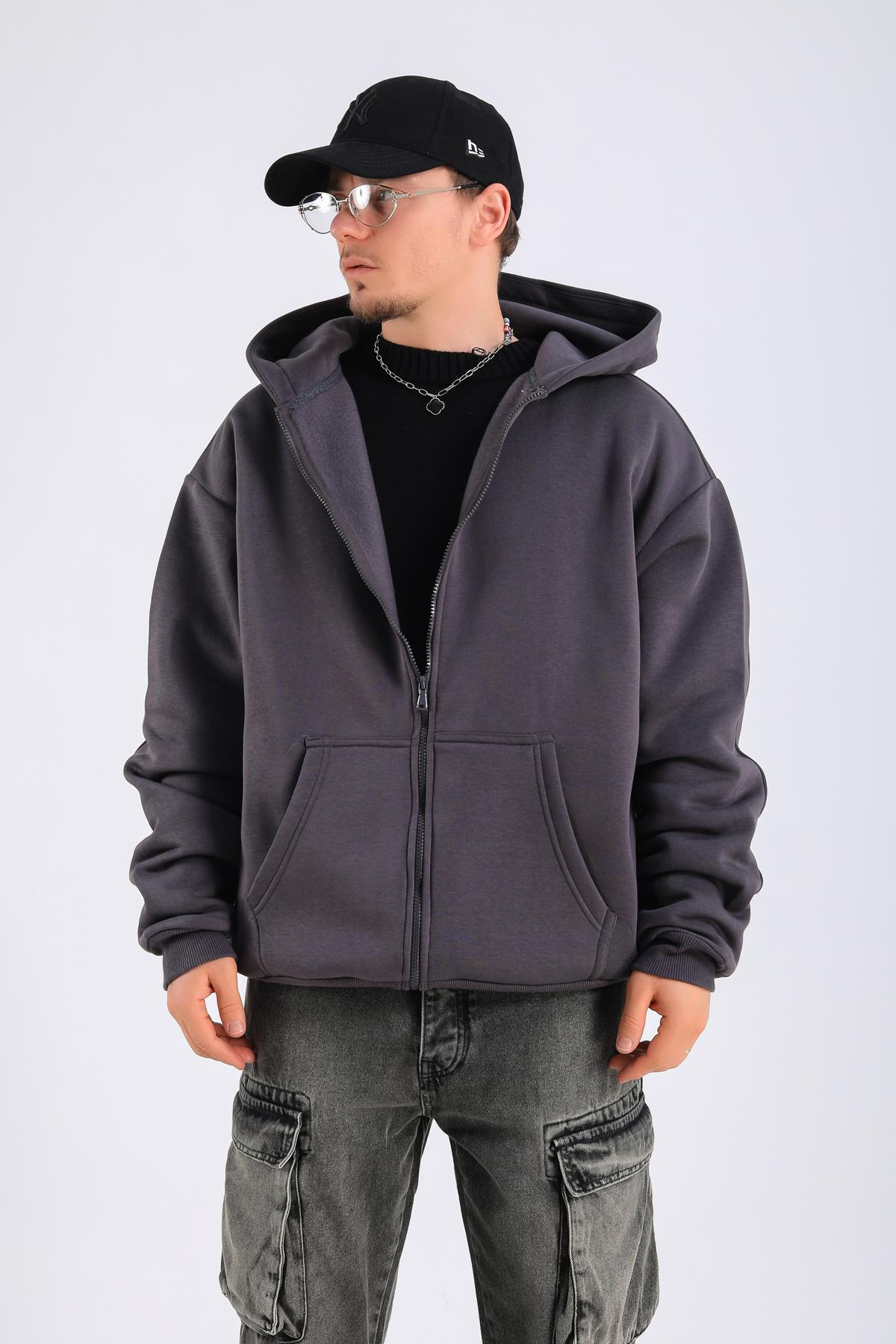 Antrasit Basic Zipper Oversize Hoodie SW1309