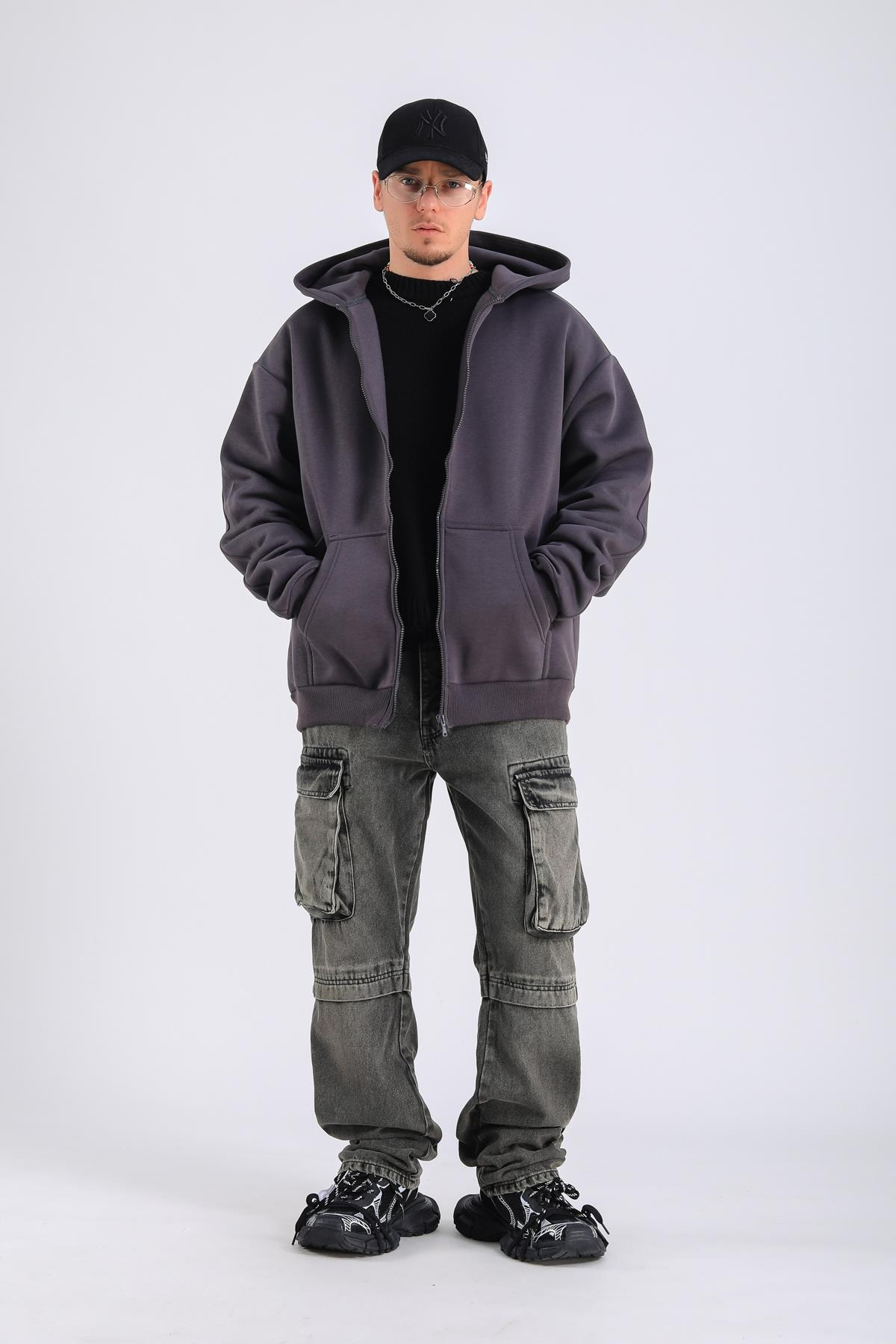 Antrasit Basic Zipper Oversize Hoodie SW1309