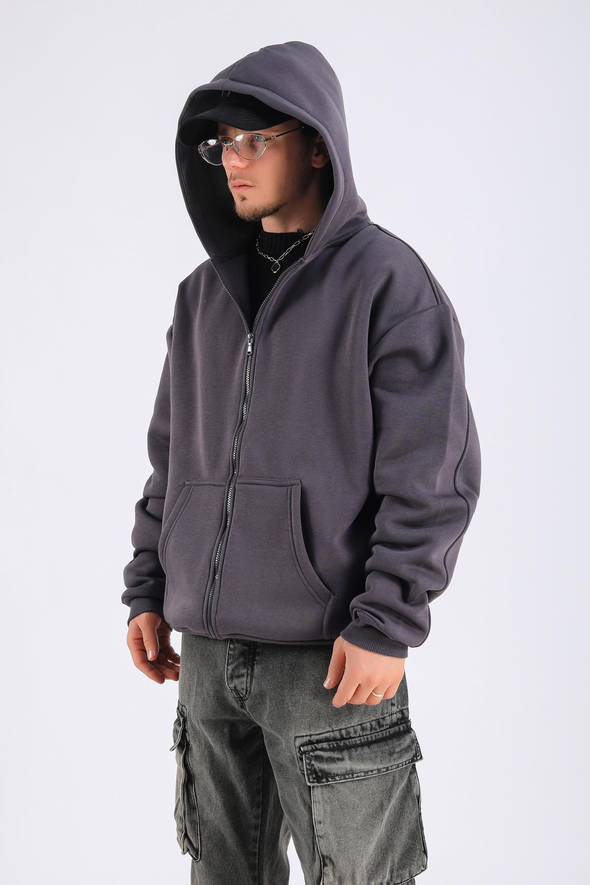Antrasit Basic Zipper Oversize Hoodie SW1309