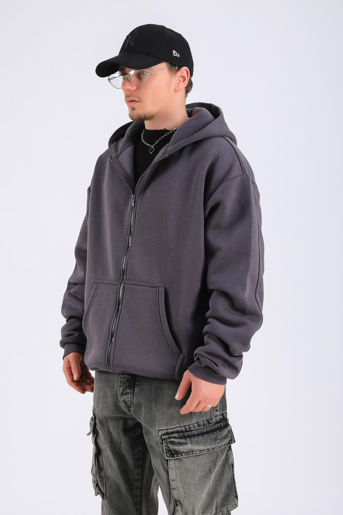 Antrasit Basic Zipper Oversize Hoodie SW1309