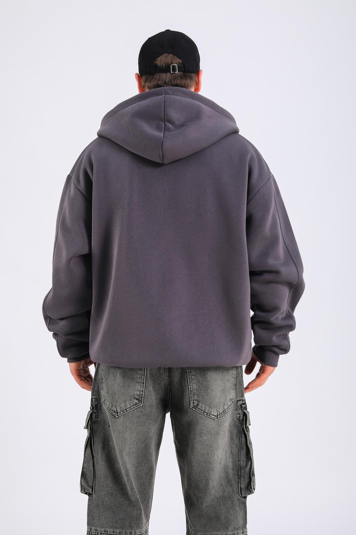 Antrasit Basic Zipper Oversize Hoodie SW1309