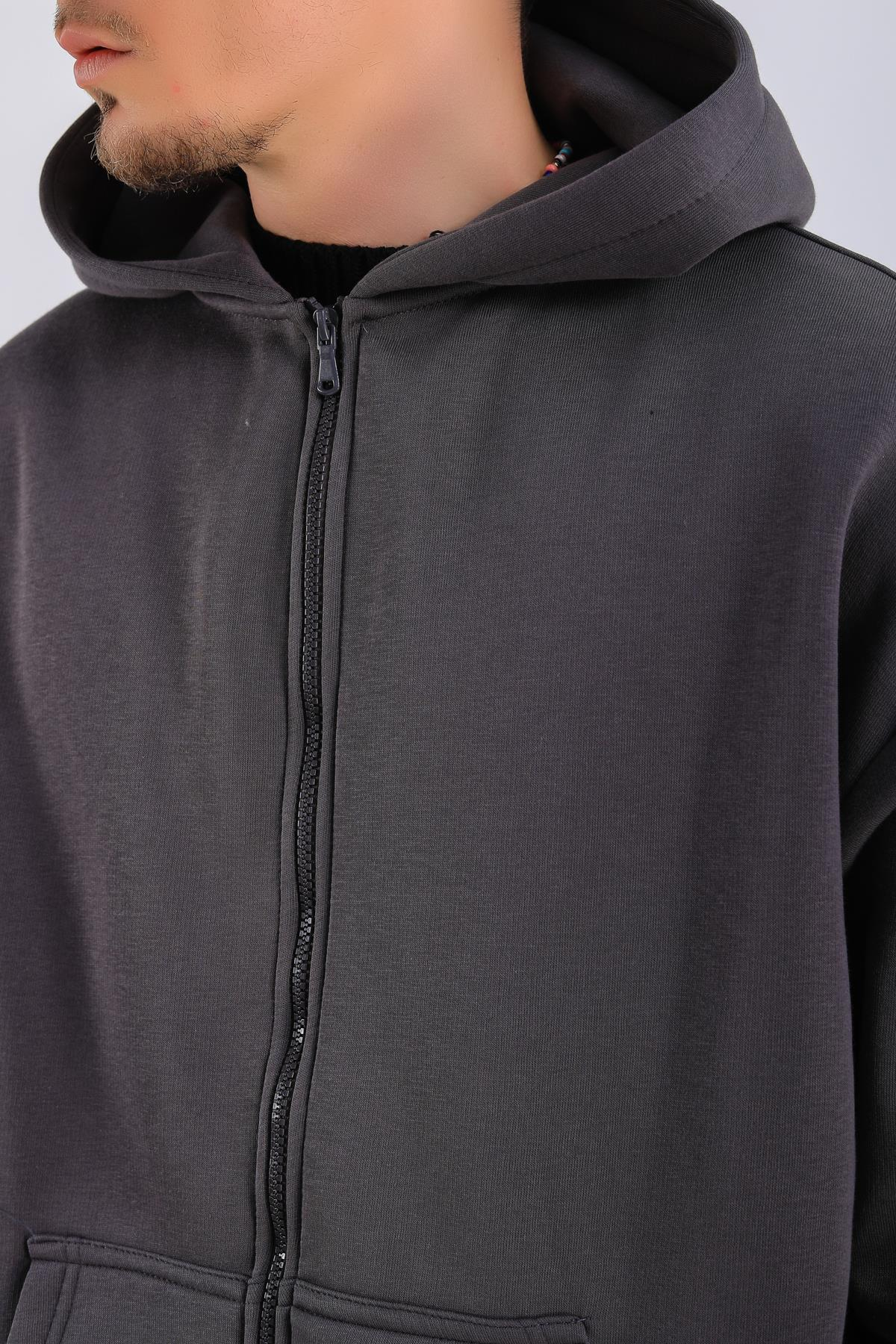 Antrasit Basic Zipper Oversize Hoodie SW1309
