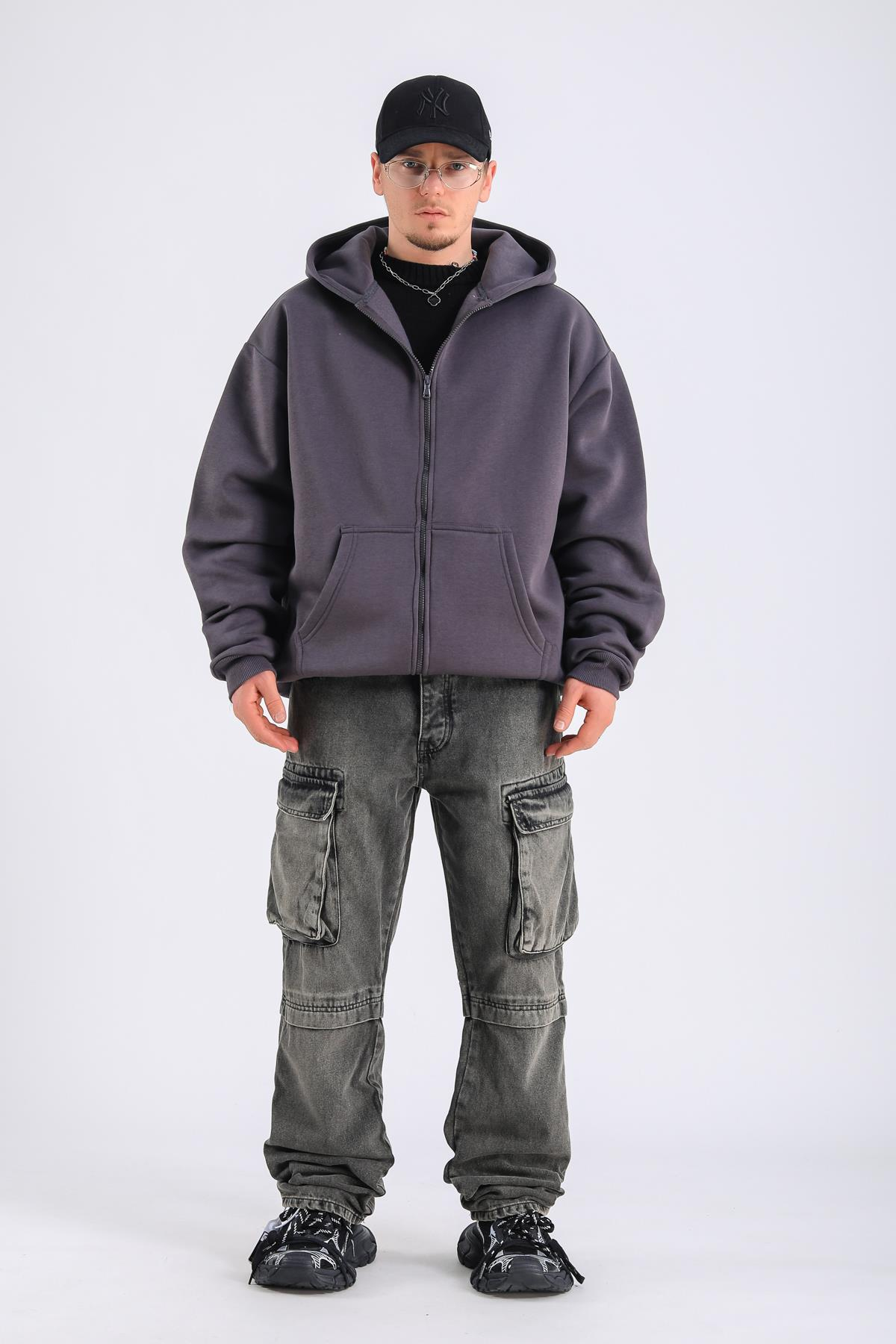Antrasit Basic Zipper Oversize Hoodie SW1309