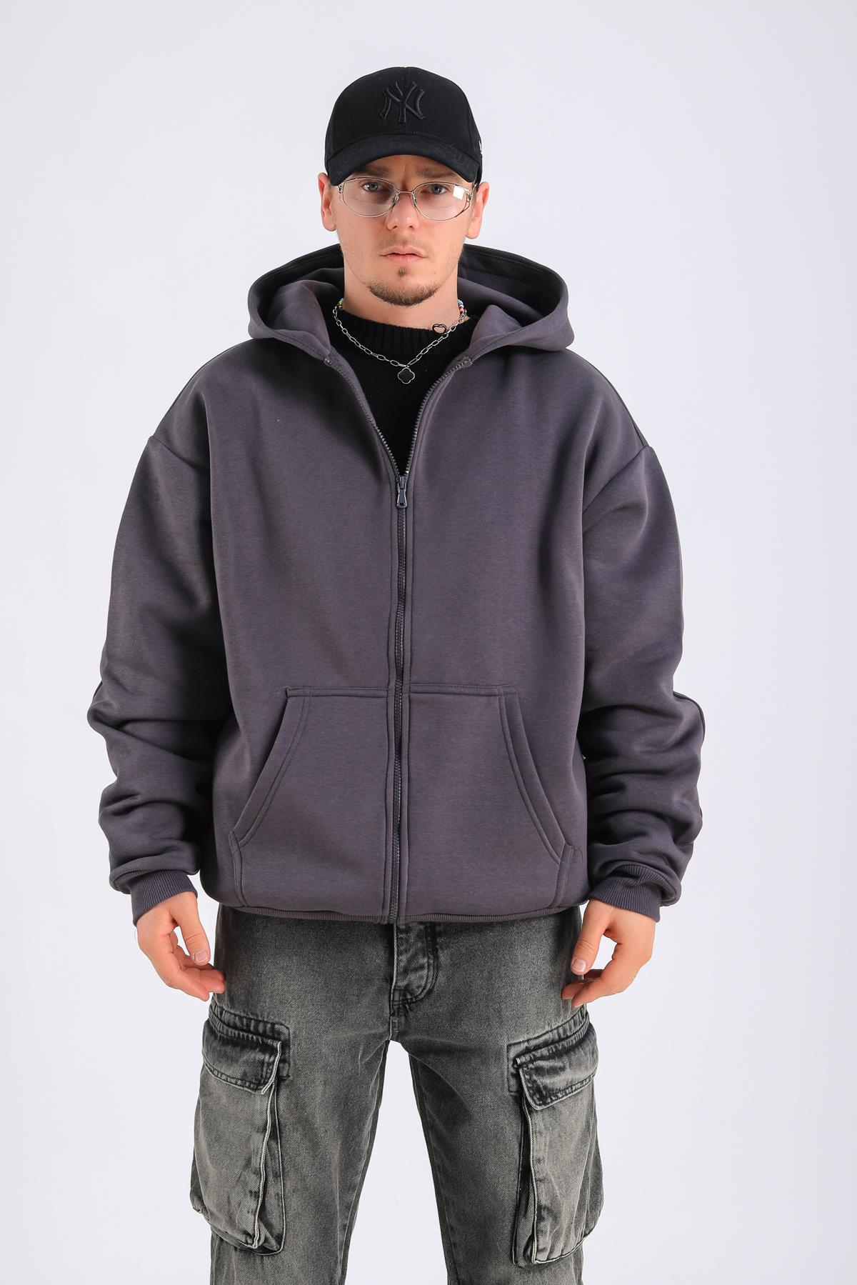 Antrasit Basic Zipper Oversize Hoodie SW1309
