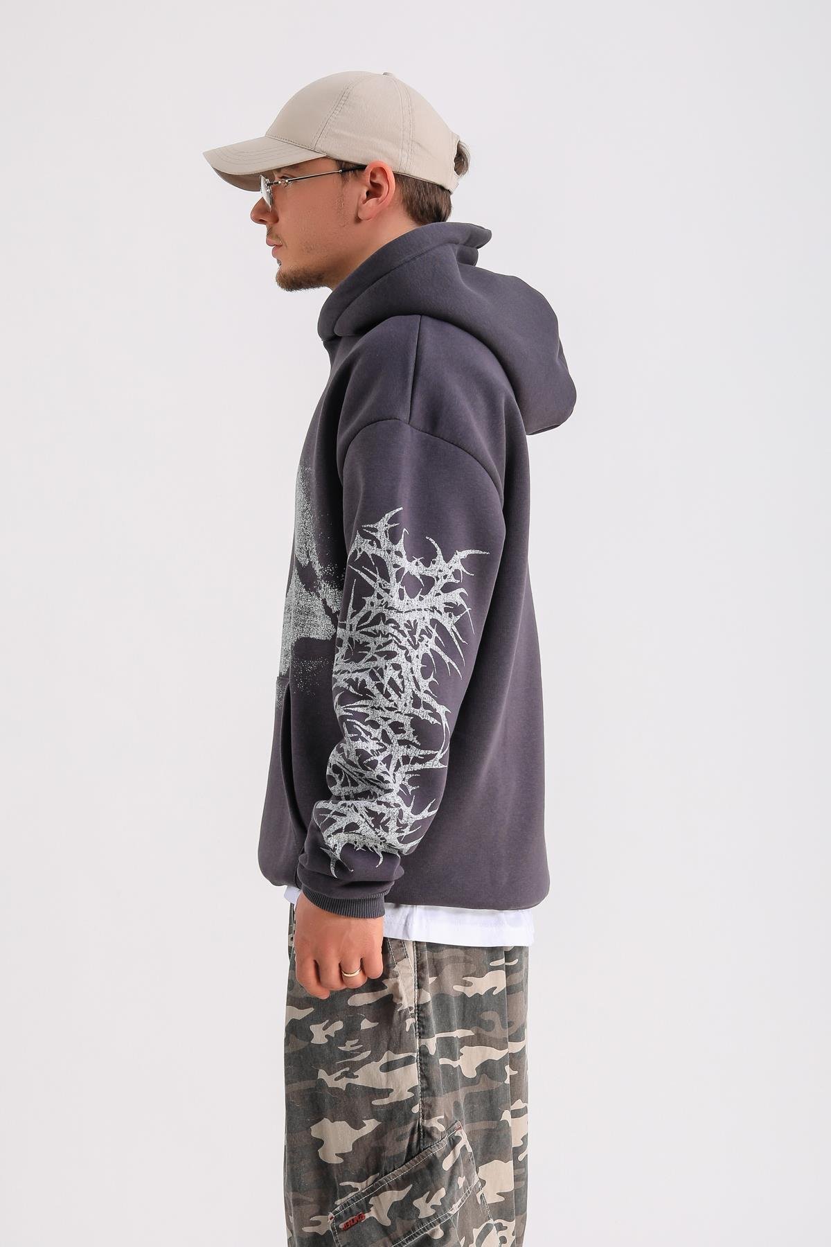 Antrasit Baskılı Oversize Hoodie SW1244