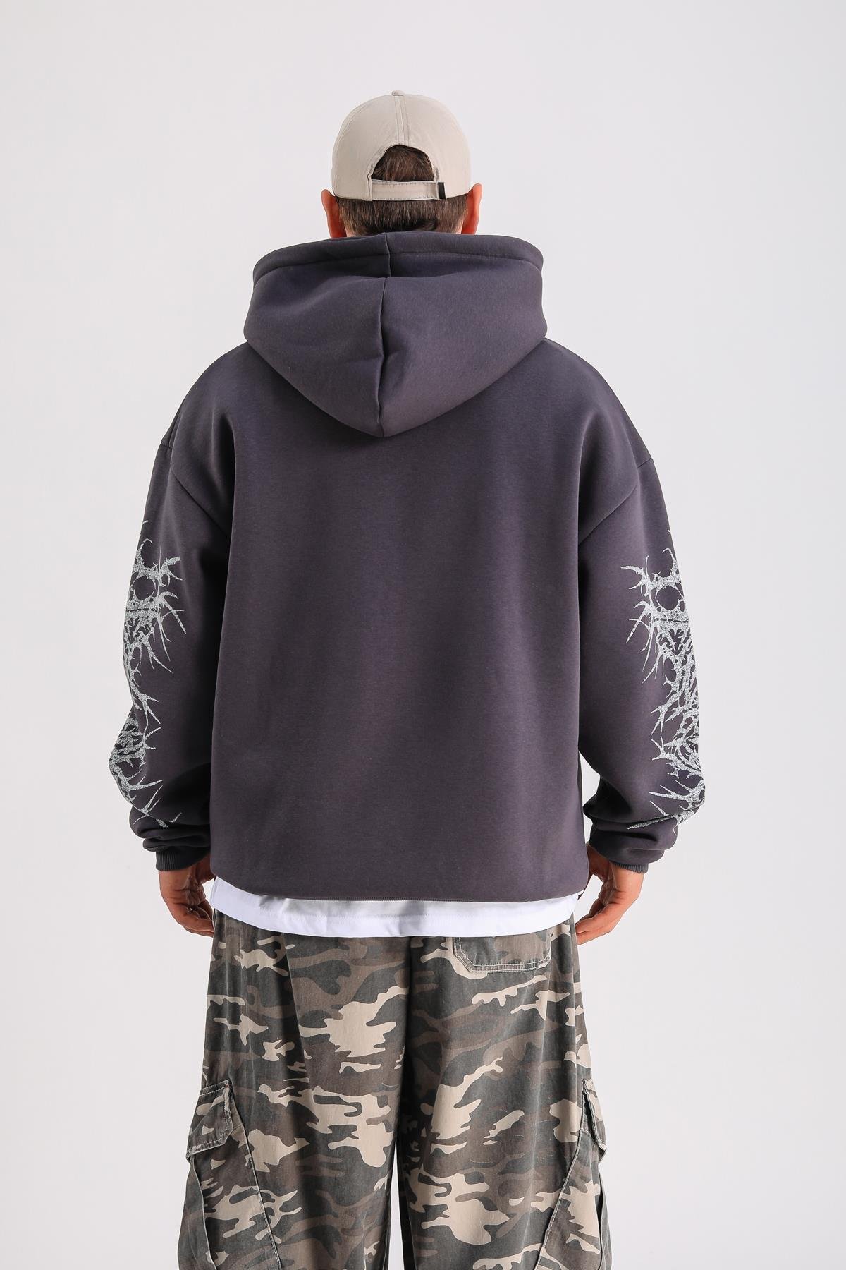 Antrasit Baskılı Oversize Hoodie SW1244