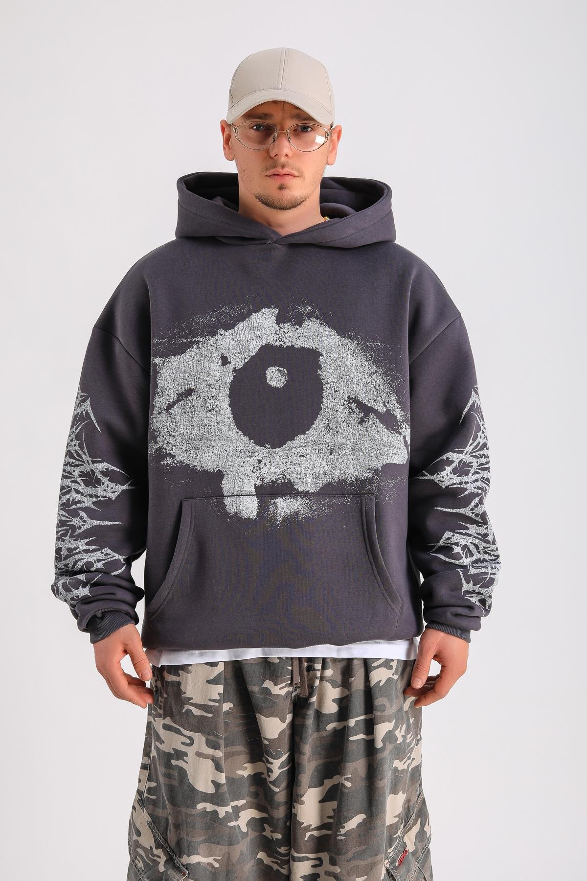 Antrasit Baskılı Oversize Hoodie SW1244