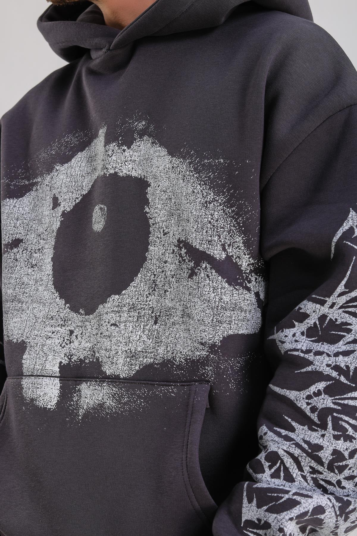 Antrasit Baskılı Oversize Hoodie SW1244