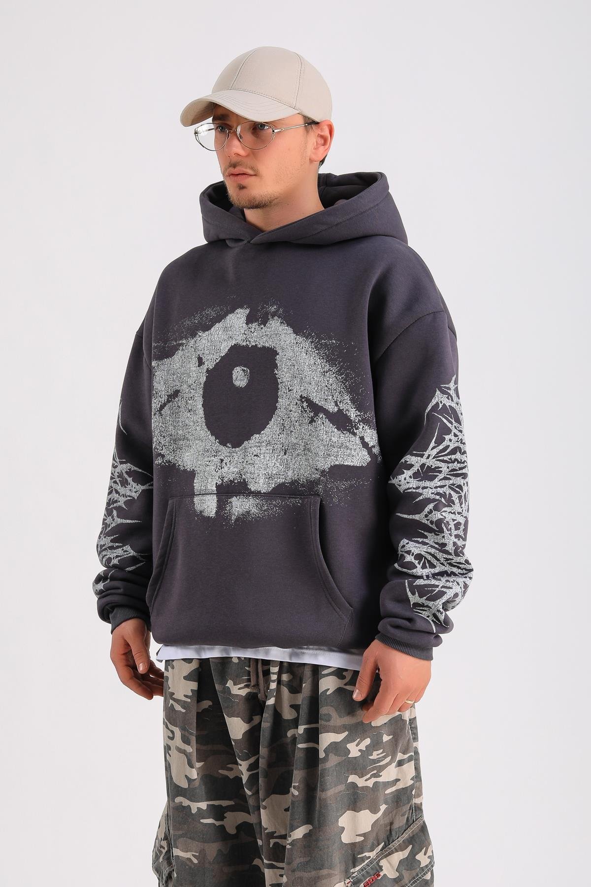 Antrasit Baskılı Oversize Hoodie SW1244