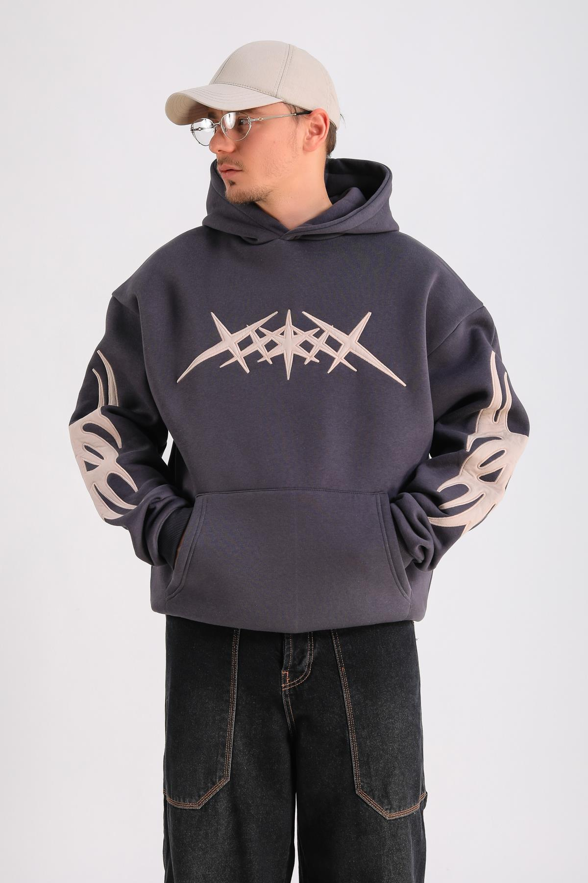 Antrasit Patch Detay Oversize Hoodie SW1243