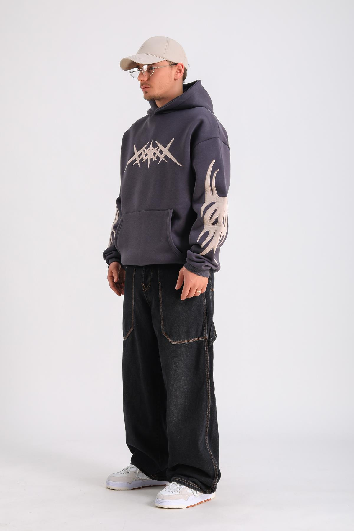 Antrasit Patch Detay Oversize Hoodie SW1243