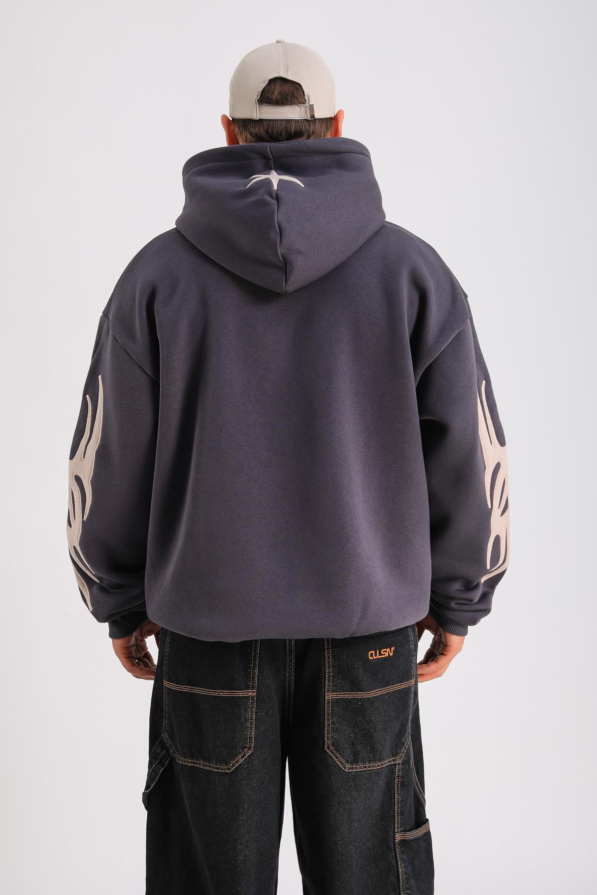 Antrasit Patch Detay Oversize Hoodie SW1243