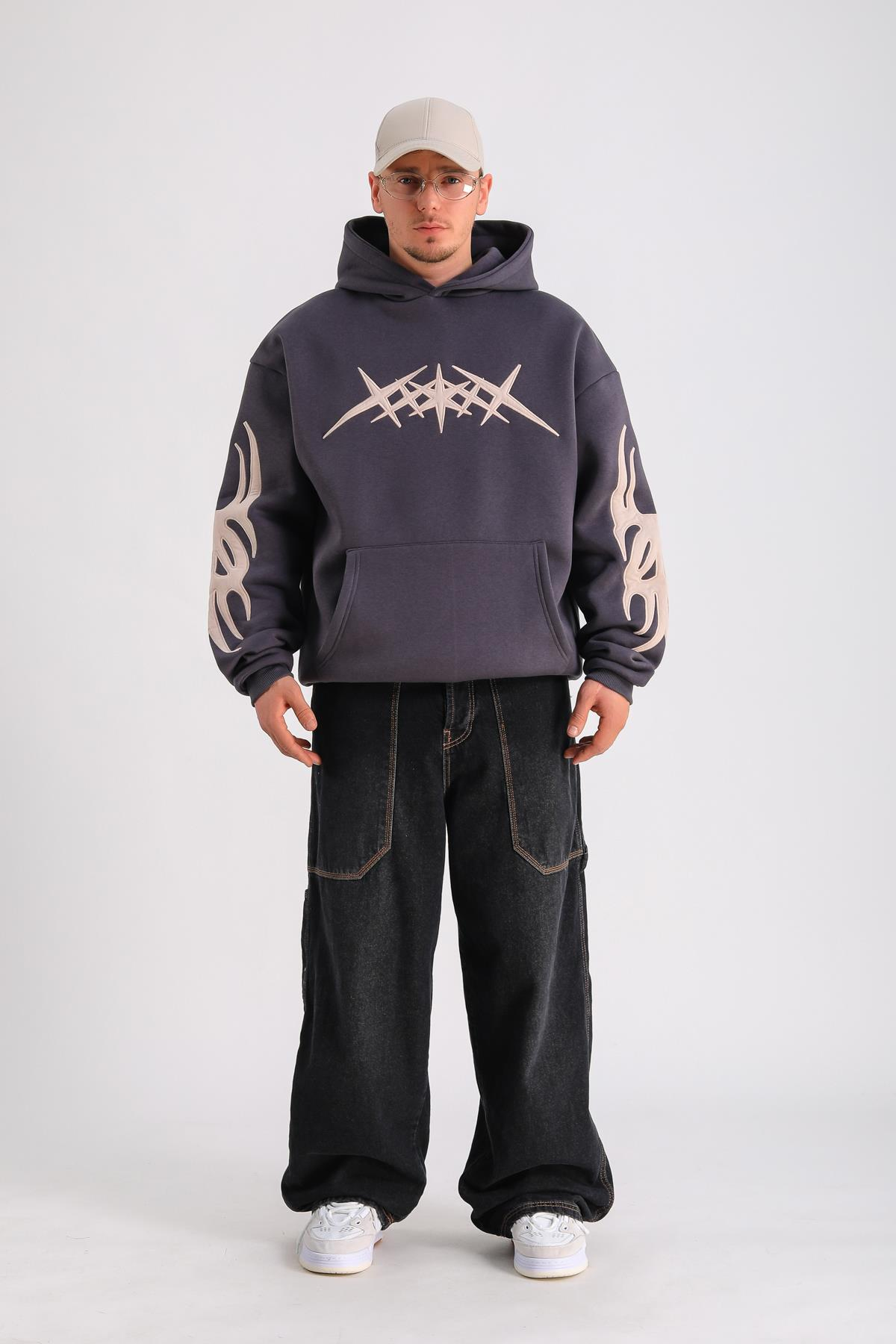 Antrasit Patch Detay Oversize Hoodie SW1243