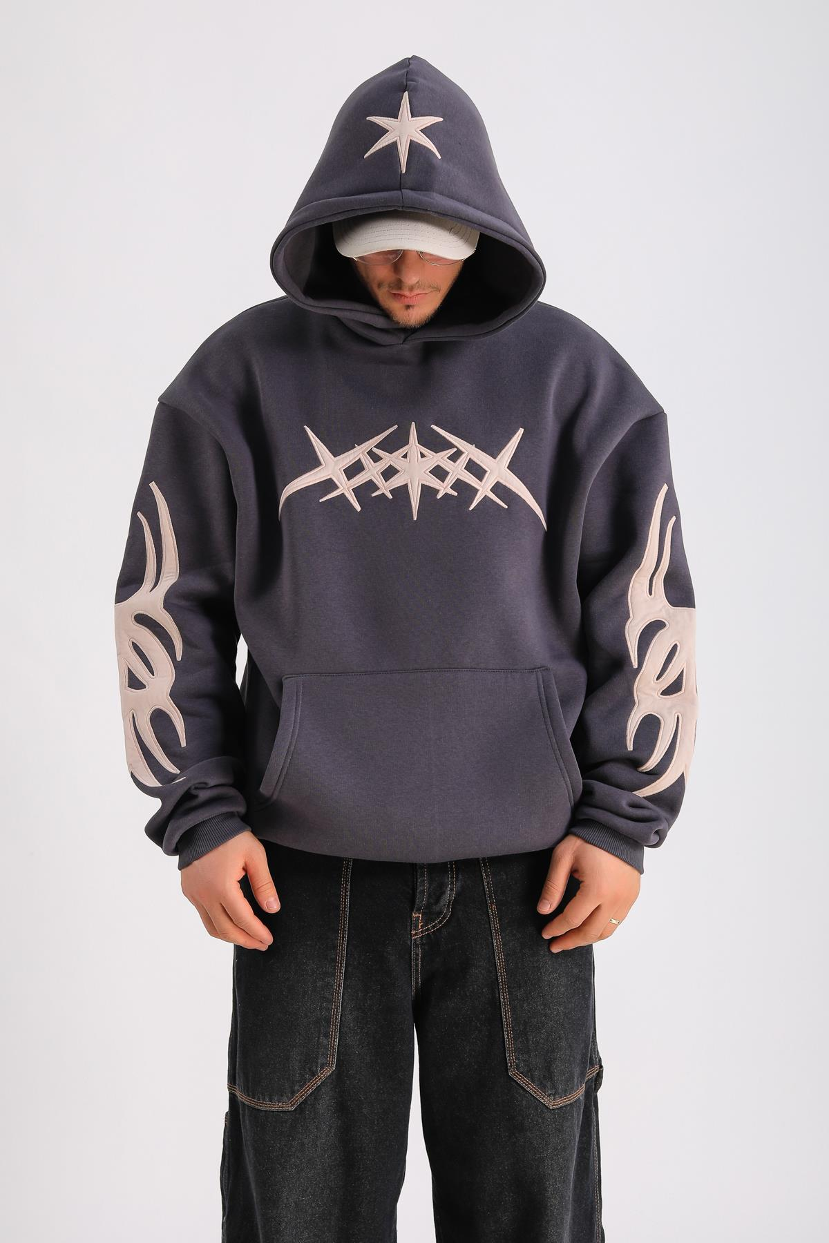 Antrasit Patch Detay Oversize Hoodie SW1243
