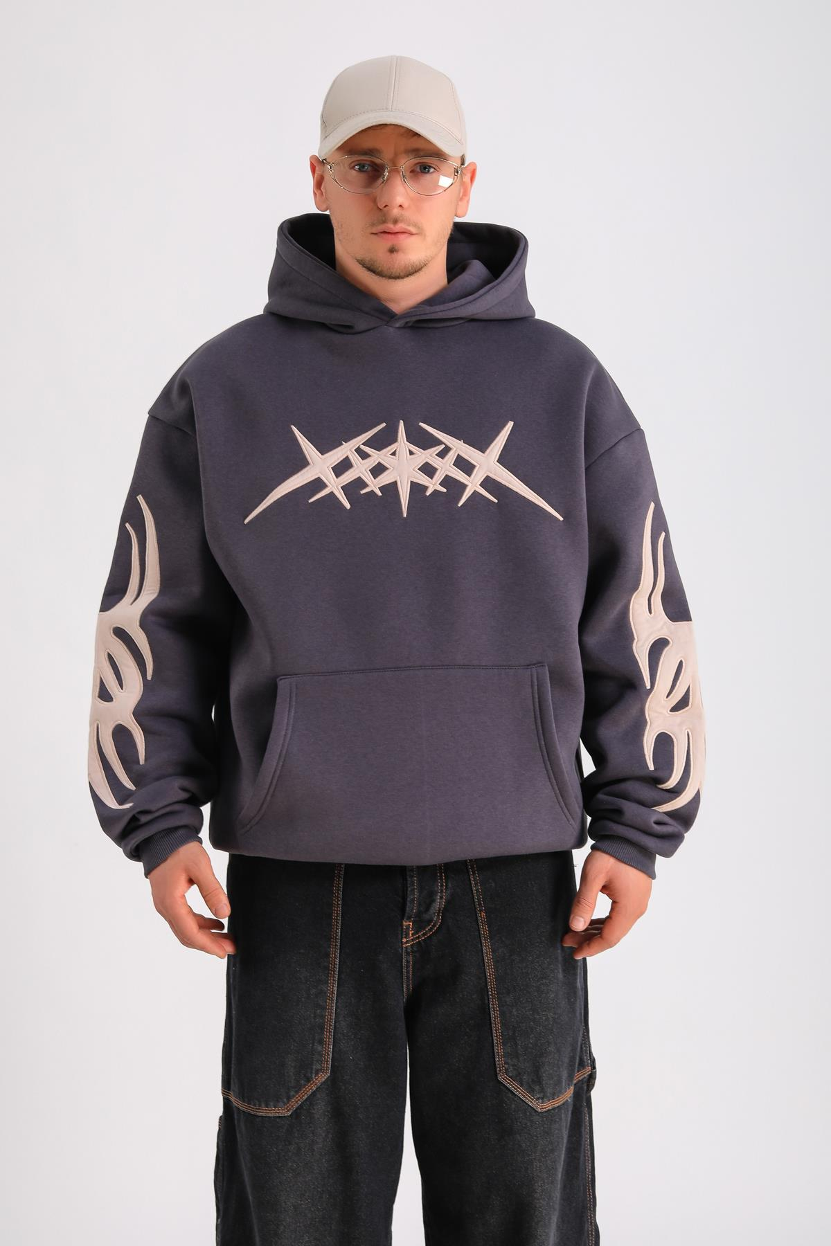 Antrasit Patch Detay Oversize Hoodie SW1243