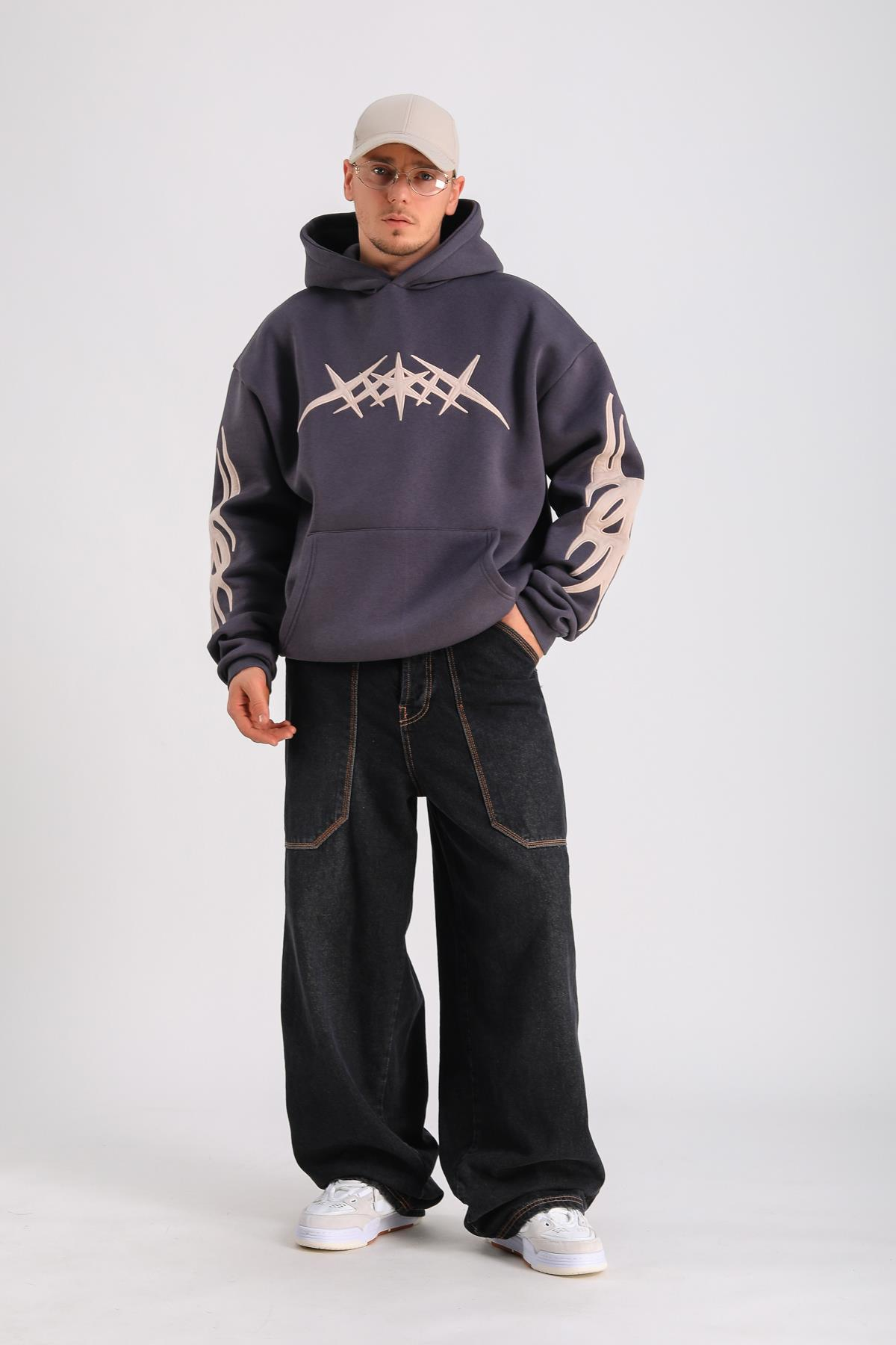 Antrasit Patch Detay Oversize Hoodie SW1243